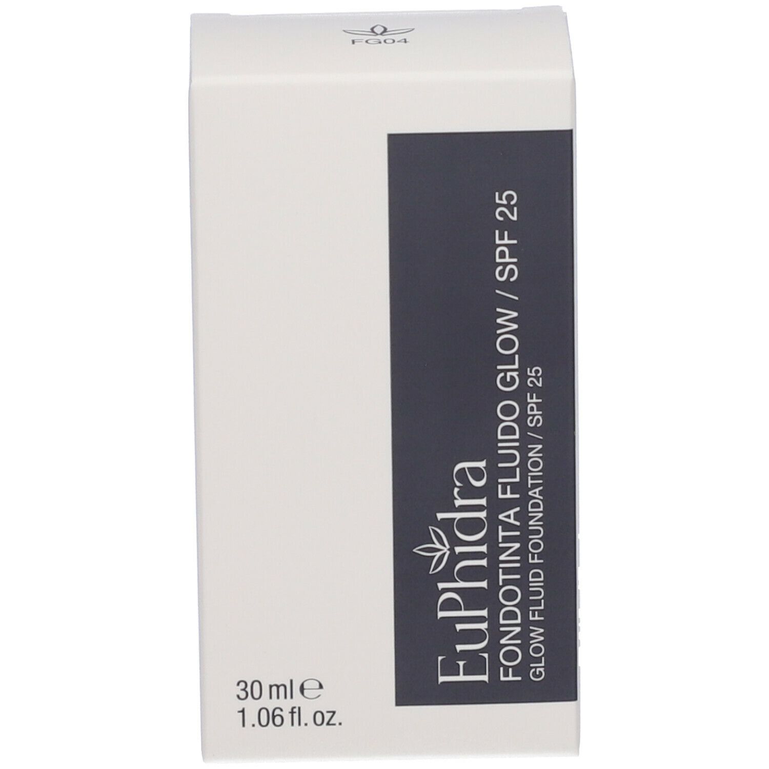 Confezione con scritta: Euphidra Fondotinta Fluido Glow SPF 25. 30 ml.