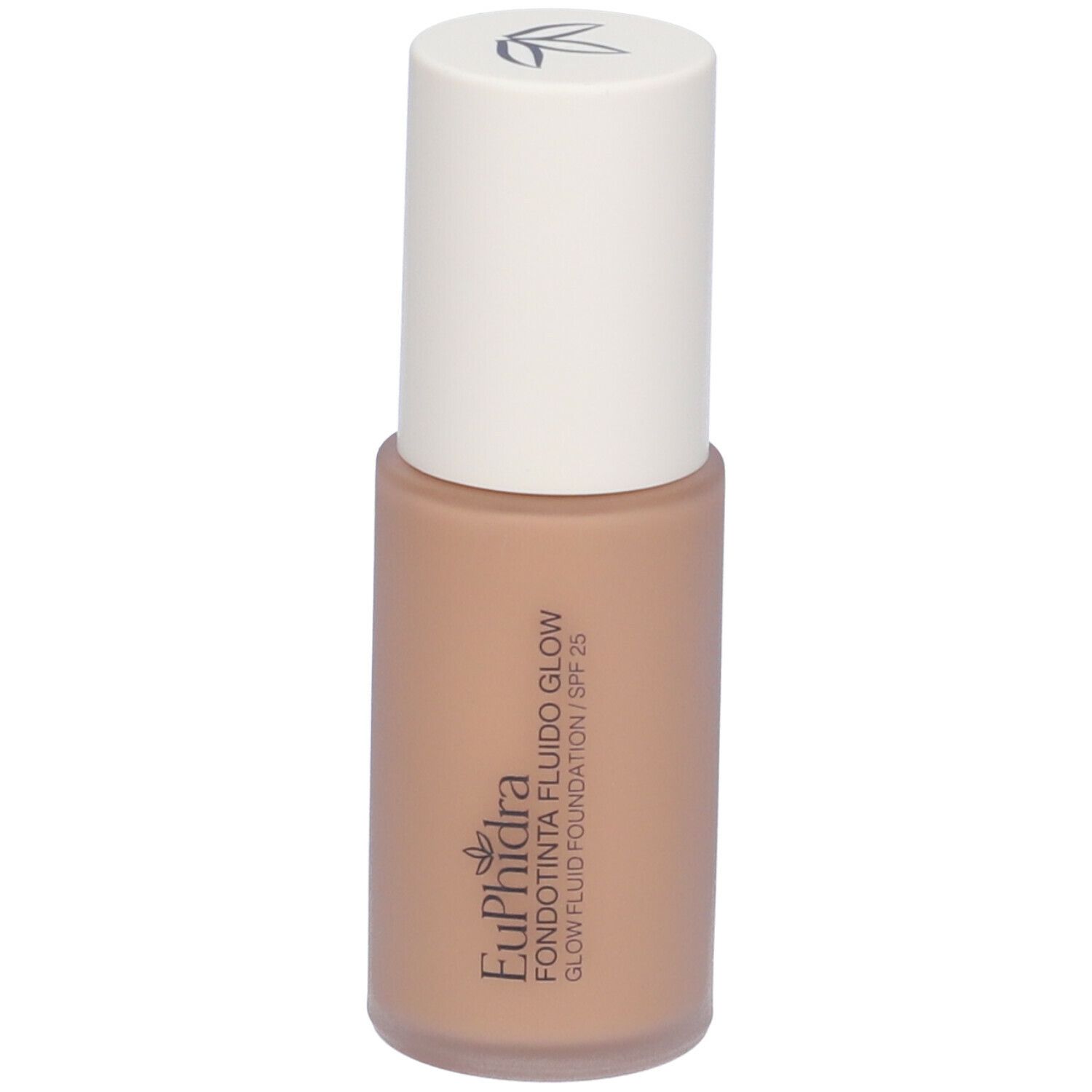 Fondotinta fluido beige in flacone con tappo bianco. Scritta: Euphidra Fondotinta Fluido Glow SPF 25.
