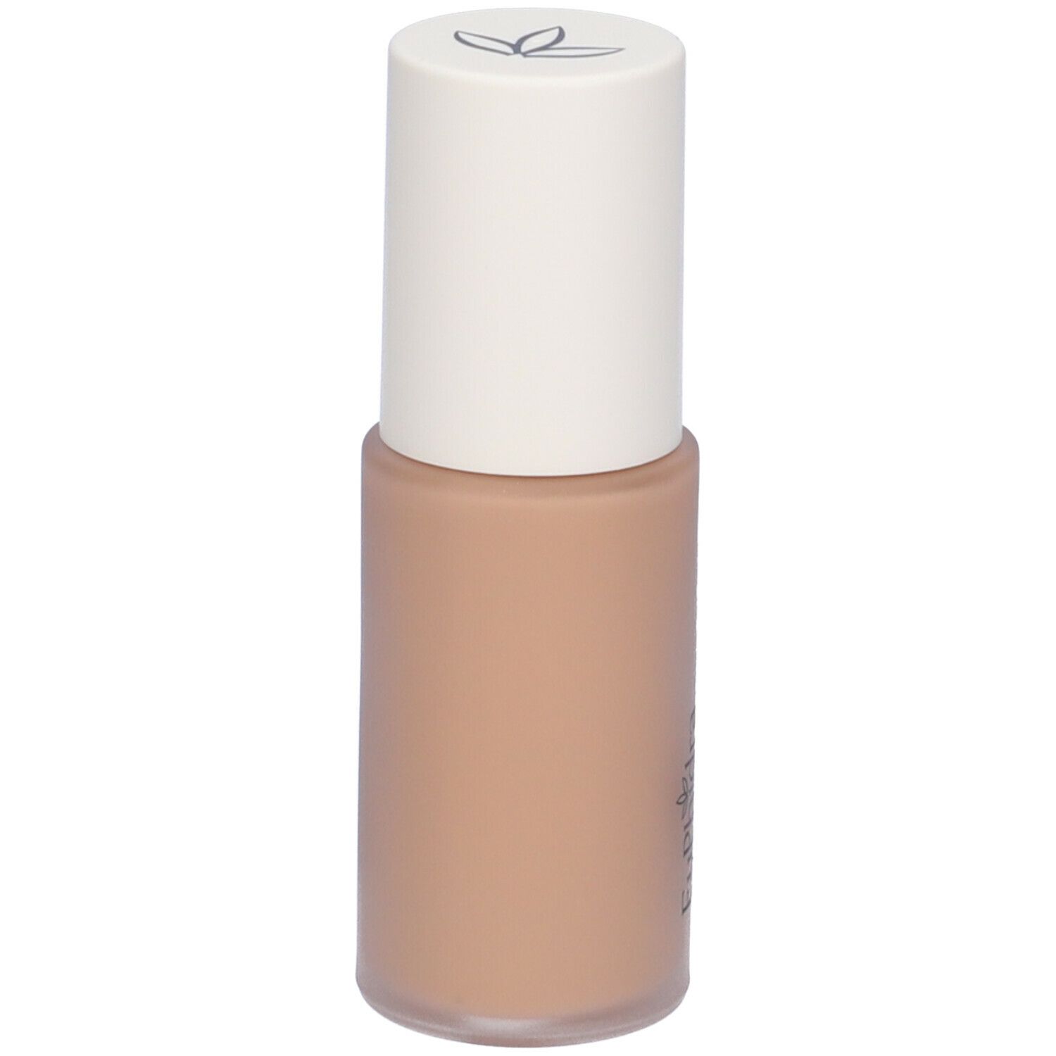 Fondotinta fluido beige in flacone con tappo bianco. Scritta non leggibile.