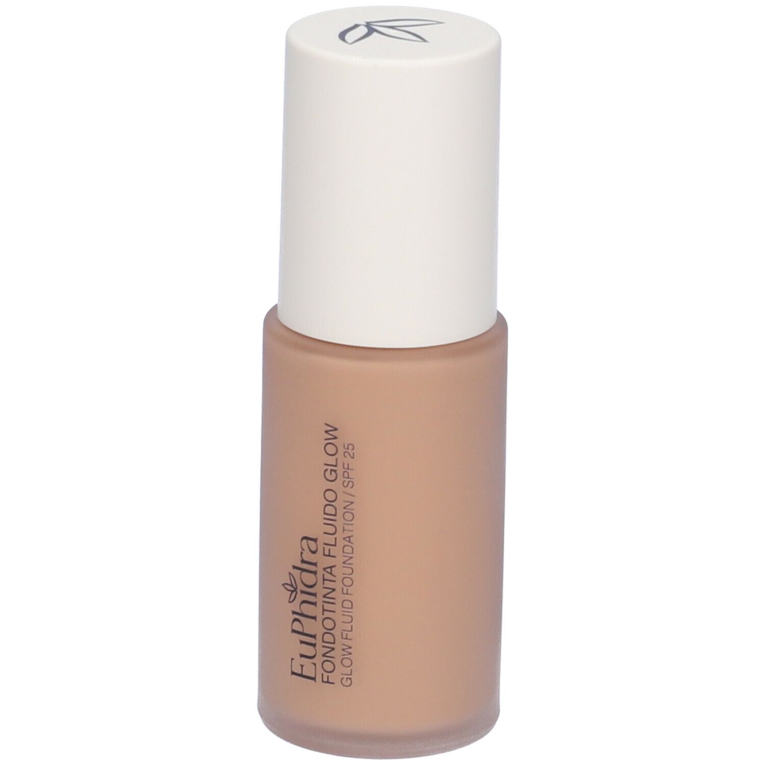 Fondotinta fluido beige in flacone con tappo bianco. Scritta: Euphidra Fondotinta Fluido Glow SPF 25.