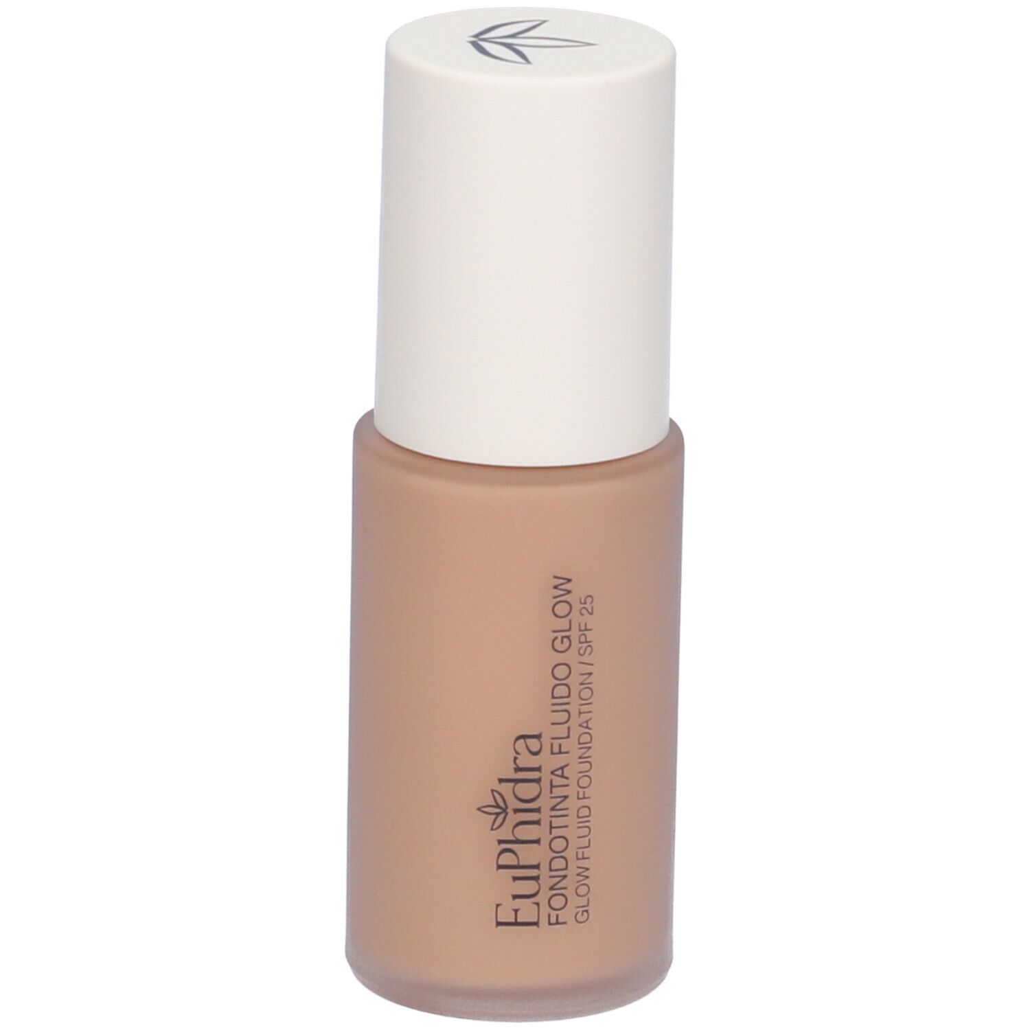 Fondotinta fluido beige in flacone con tappo bianco. Scritta: Euphidra Fondotinta Fluido Glow SPF 25.