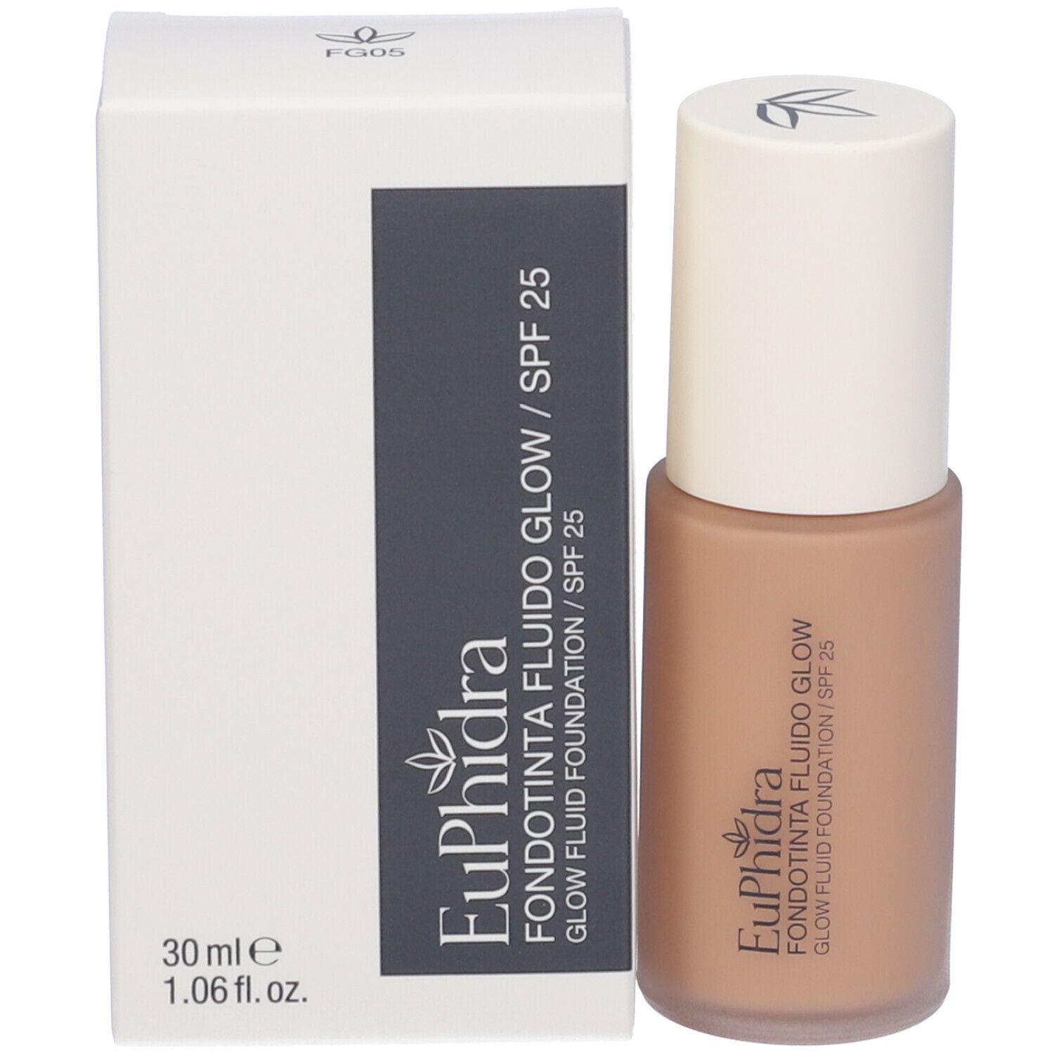 Fondotinta e confezione. Scritta: Euphidra Fondotinta Fluido Glow SPF 25, 30 ml.