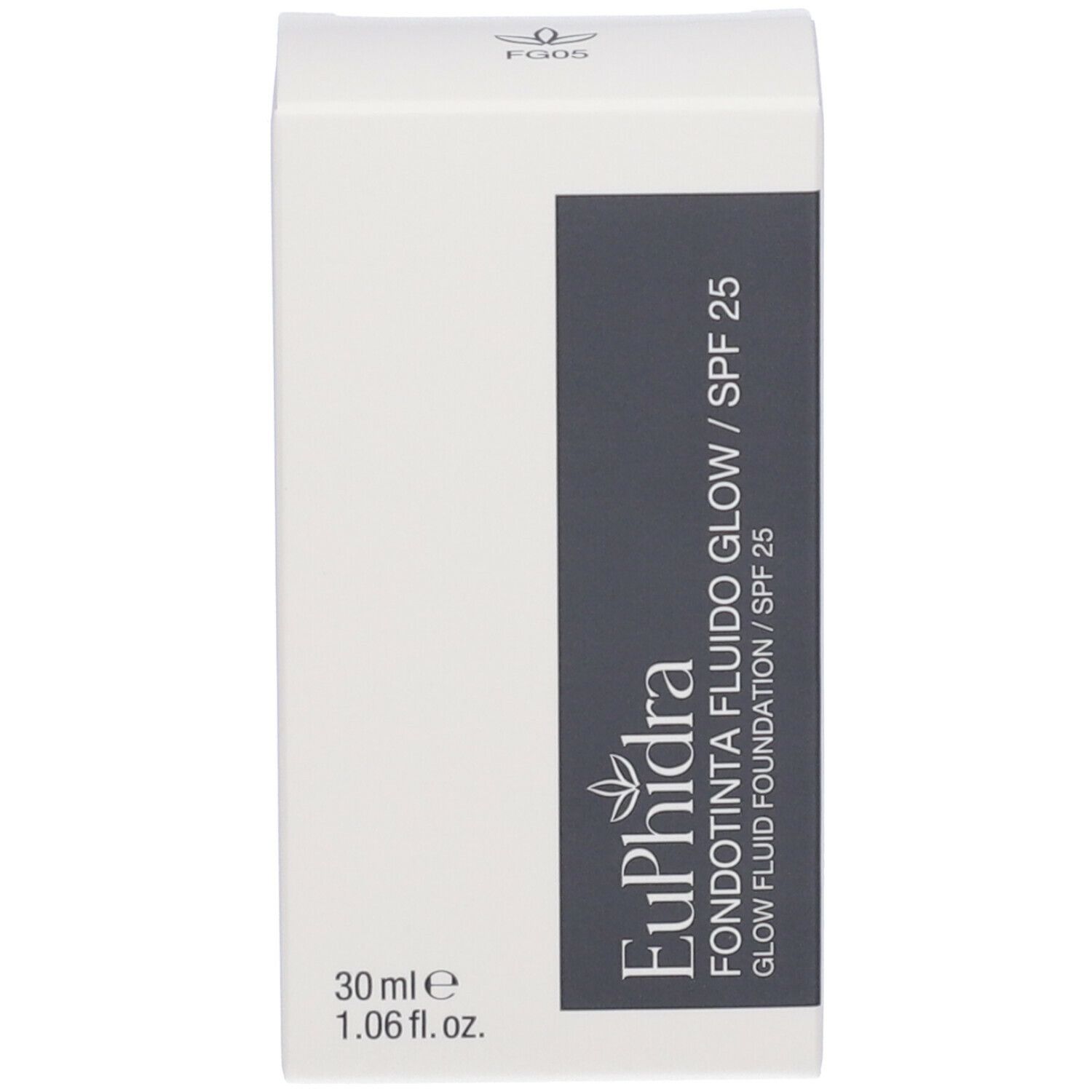 Confezione con scritta: Euphidra Fondotinta Fluido Glow SPF 25, 30 ml.