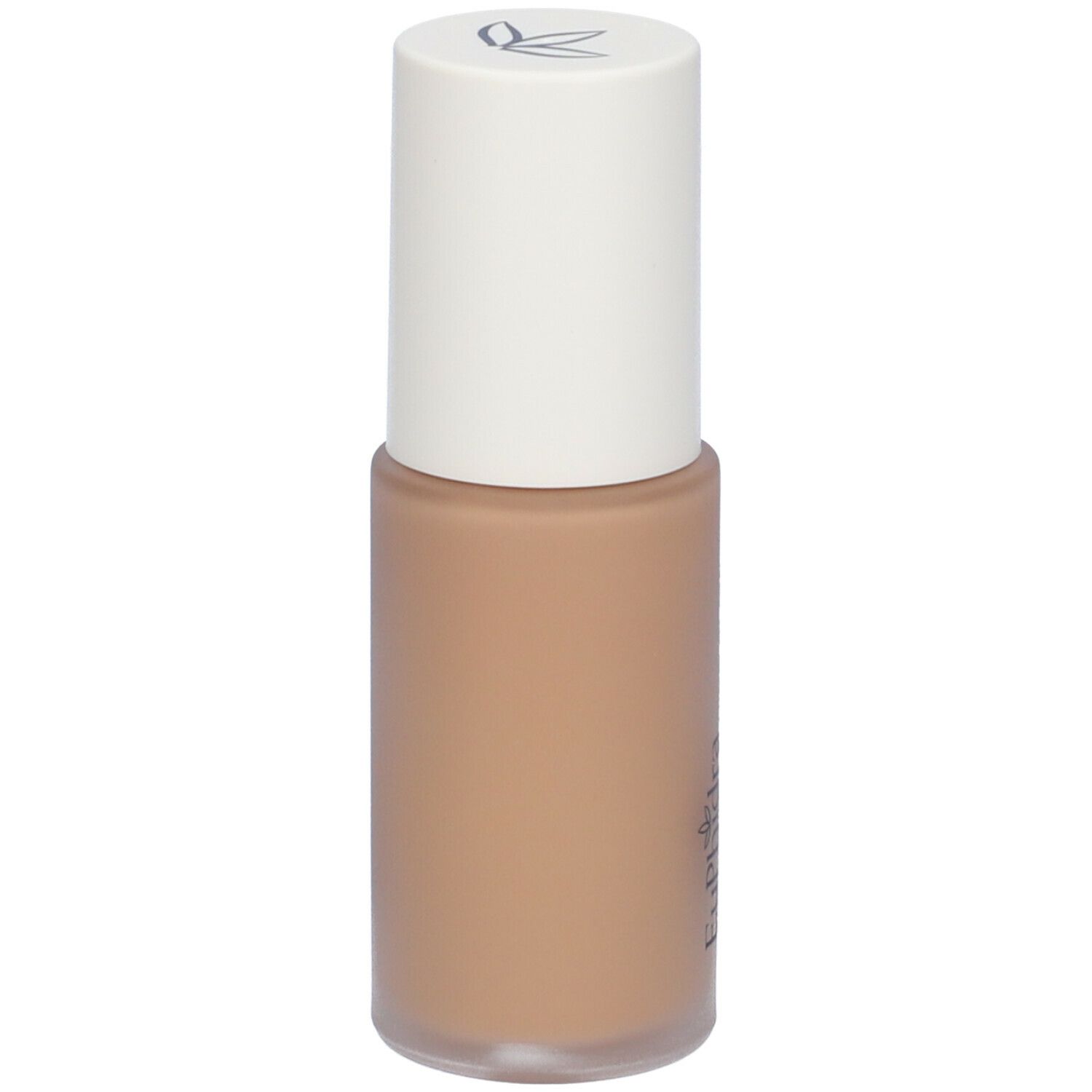 Fondotinta beige in flacone con tappo bianco. Flacone cilindrico.