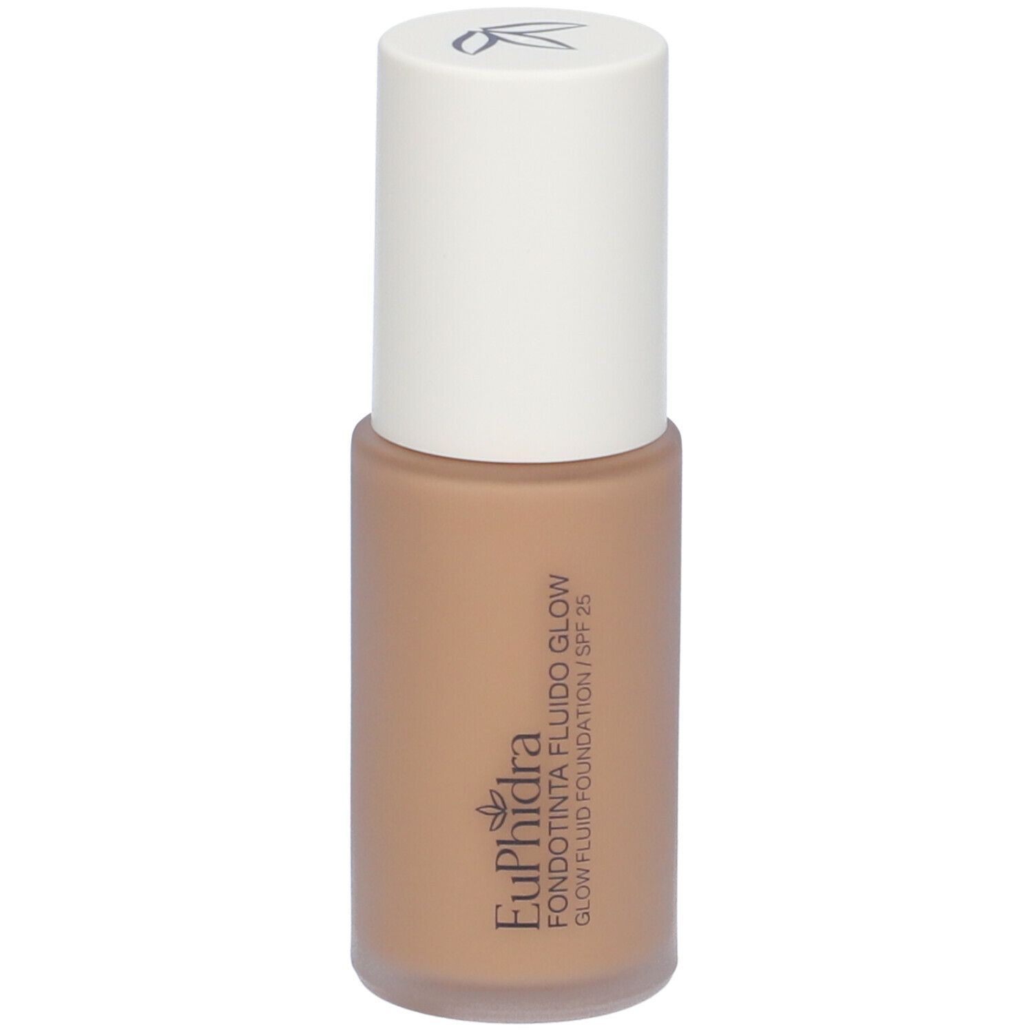 Fondotinta beige in flacone con tappo bianco. Scritta: Euphidra Fondotinta Fluido Glow SPF 25.