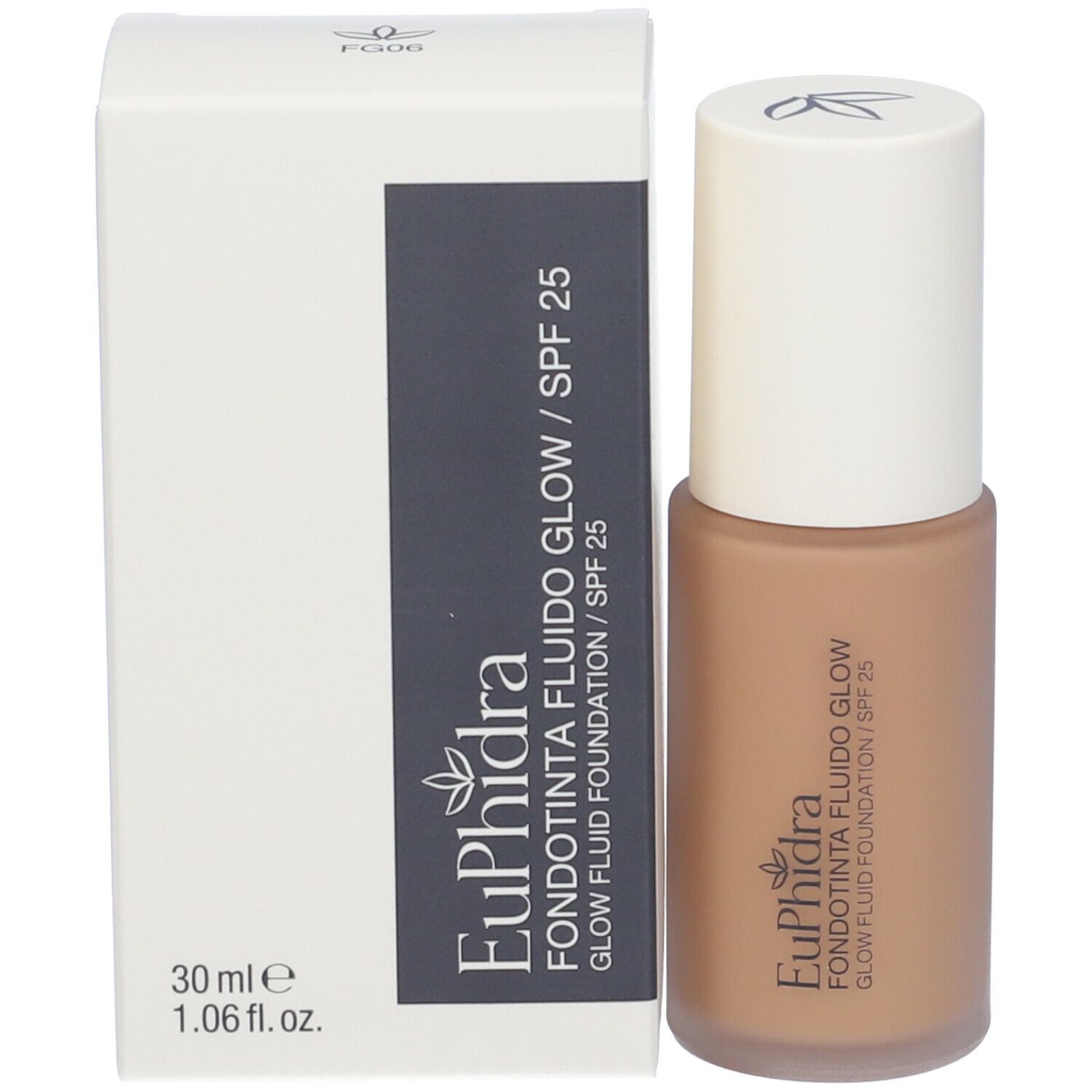 Fondotinta e confezione. Scritta: Euphidra Fondotinta Fluido Glow SPF 25. 30 ml.