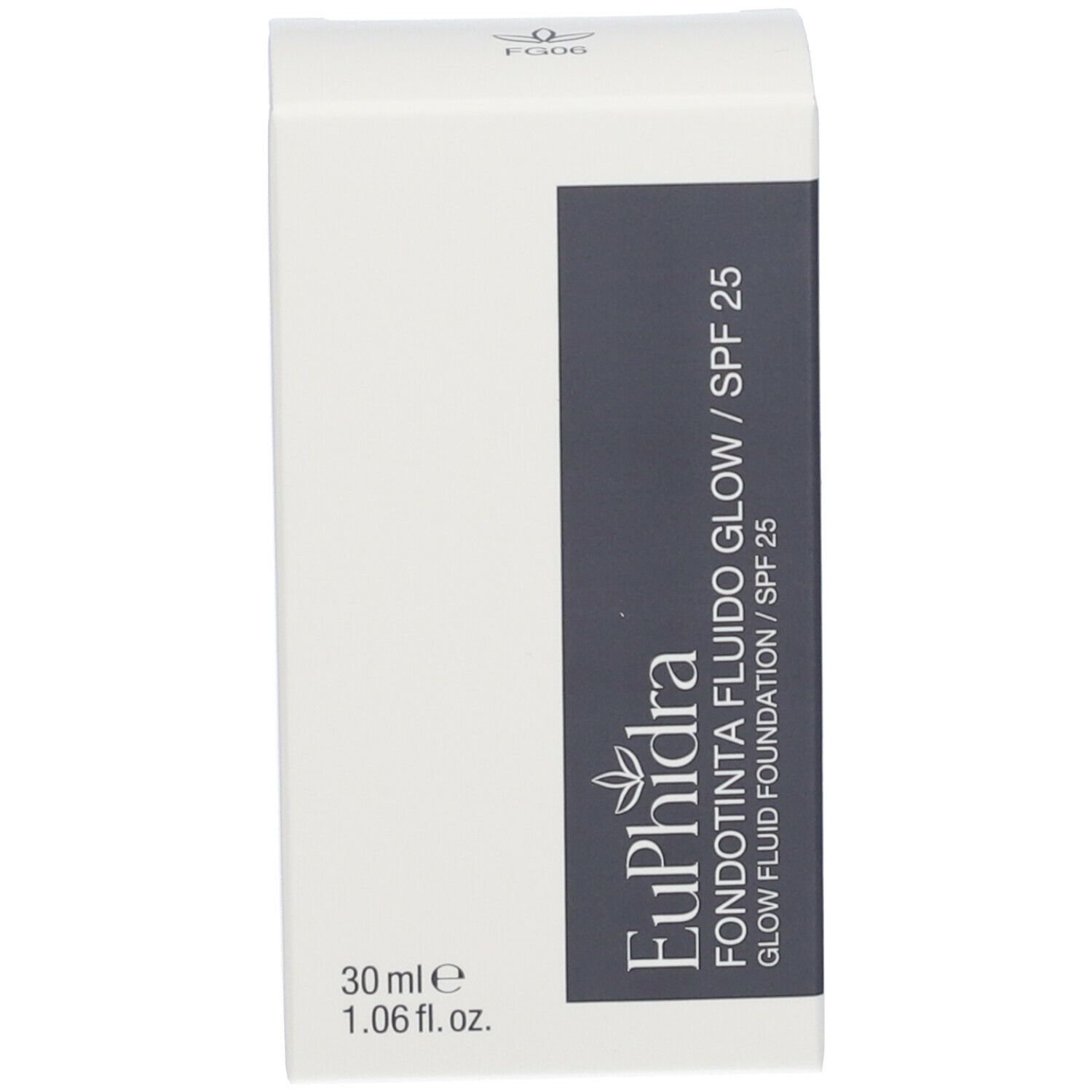 Confezione con scritta: Euphidra Fondotinta Fluido Glow SPF 25. 30 ml.
