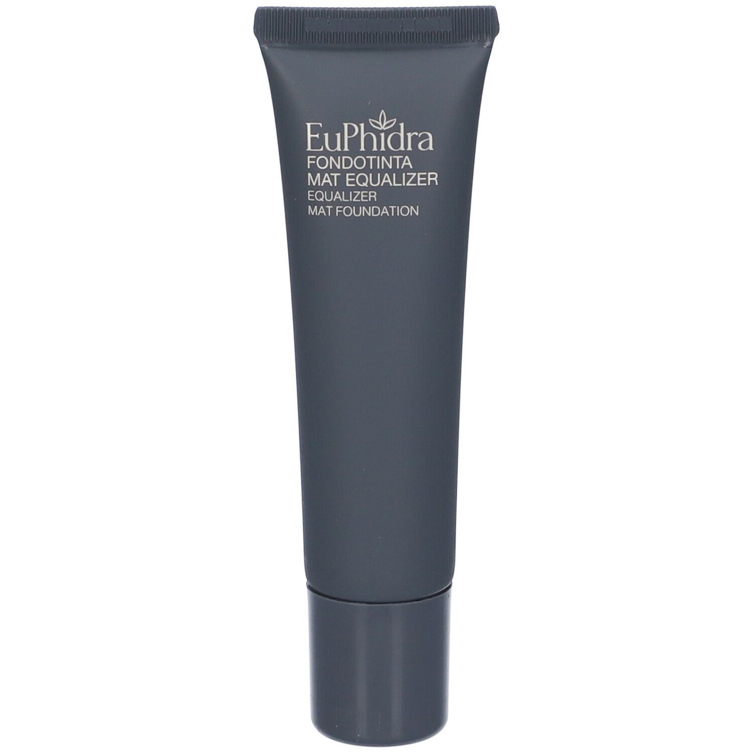 Tubo grigio con scritta Euphidra, Fondotinta Mat Equalizer. Tappo nero. Vista del prodotto.