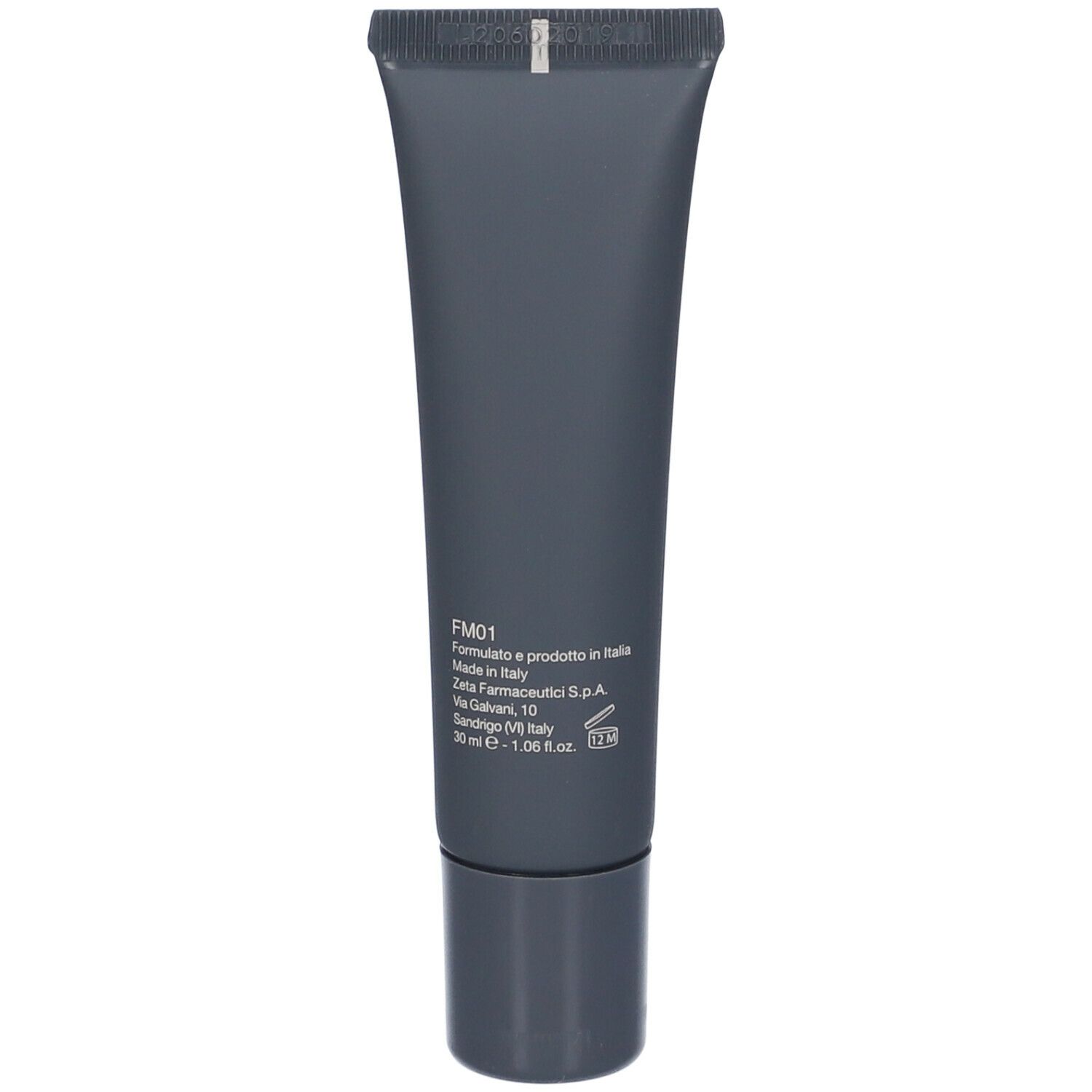 Retro del tubo grigio. Testo: FM01, Made in Italy, 30 ml. Dettagli composizione e produttore.