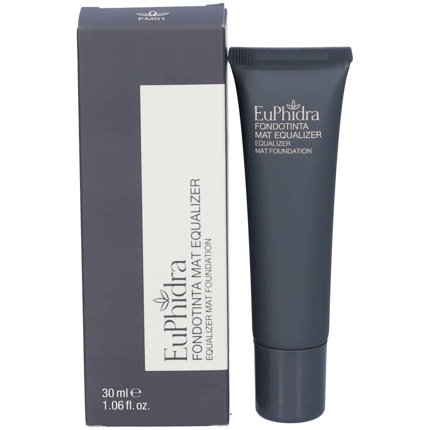 Tubo e scatola grigi. Sulla scatola: Euphidra, Fondotinta Mat Equalizer, 30 ml. Vista prodotto.
