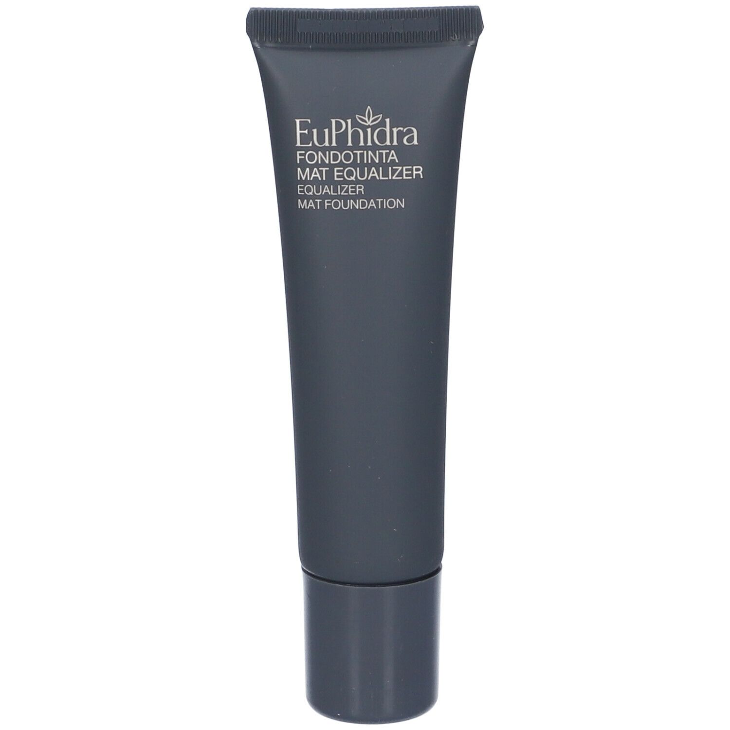 Tubo grigio scuro con scritta Euphidra Fondotinta Mat Equalizer. Tappo a vite nero.