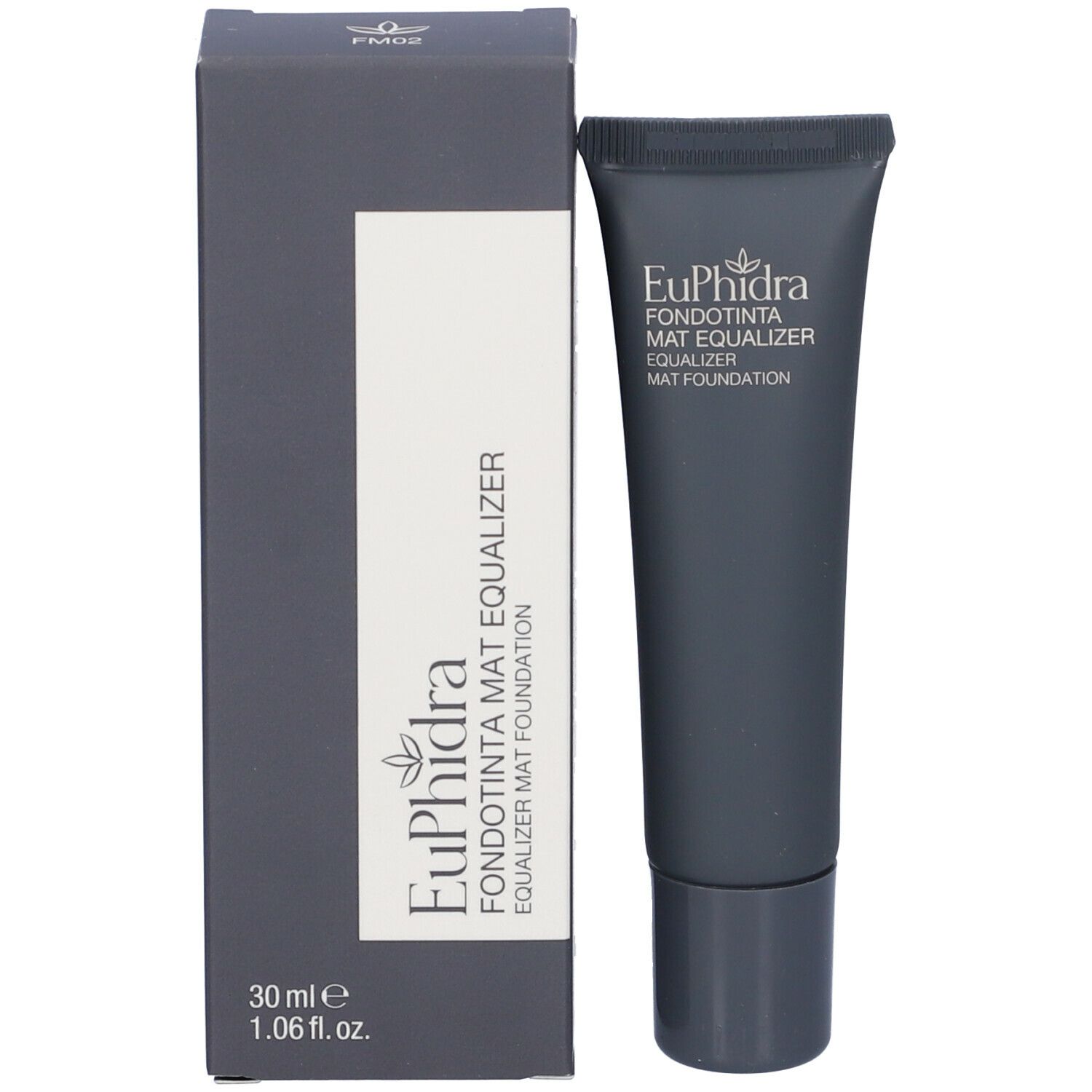 Confezione del prodotto con tubo. Contiene tubo e scatola. Scritta Euphidra Fondotinta Mat Equalizer.