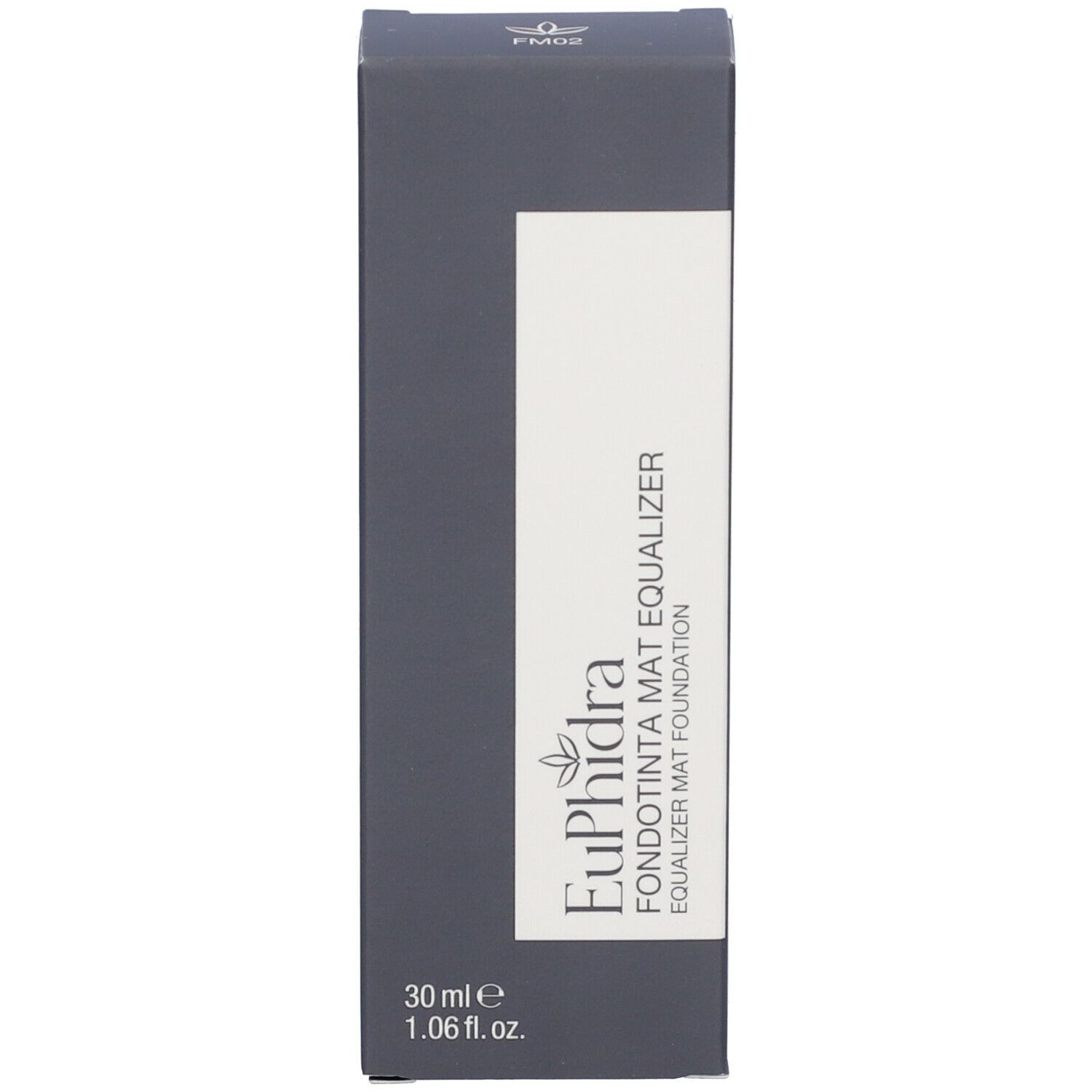 Scatola grigio scuro con campo bianco e scritta Euphidra Fondotinta Mat Equalizer. 30 ml.