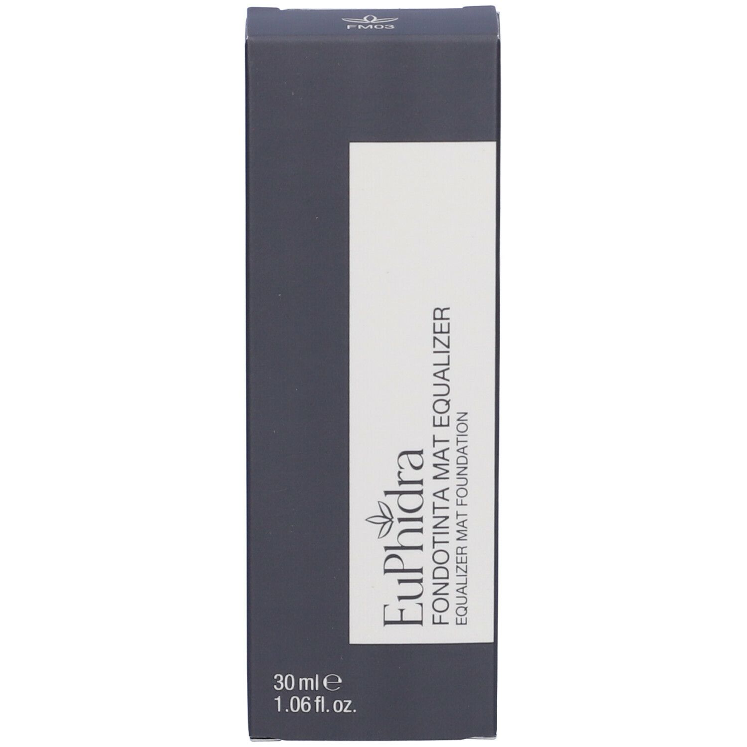 Confezione grigio scuro. Scritta: Euphidra Fondotinta Mat Equalizer Mat Foundation. 30 ml 1.06 fl.oz.