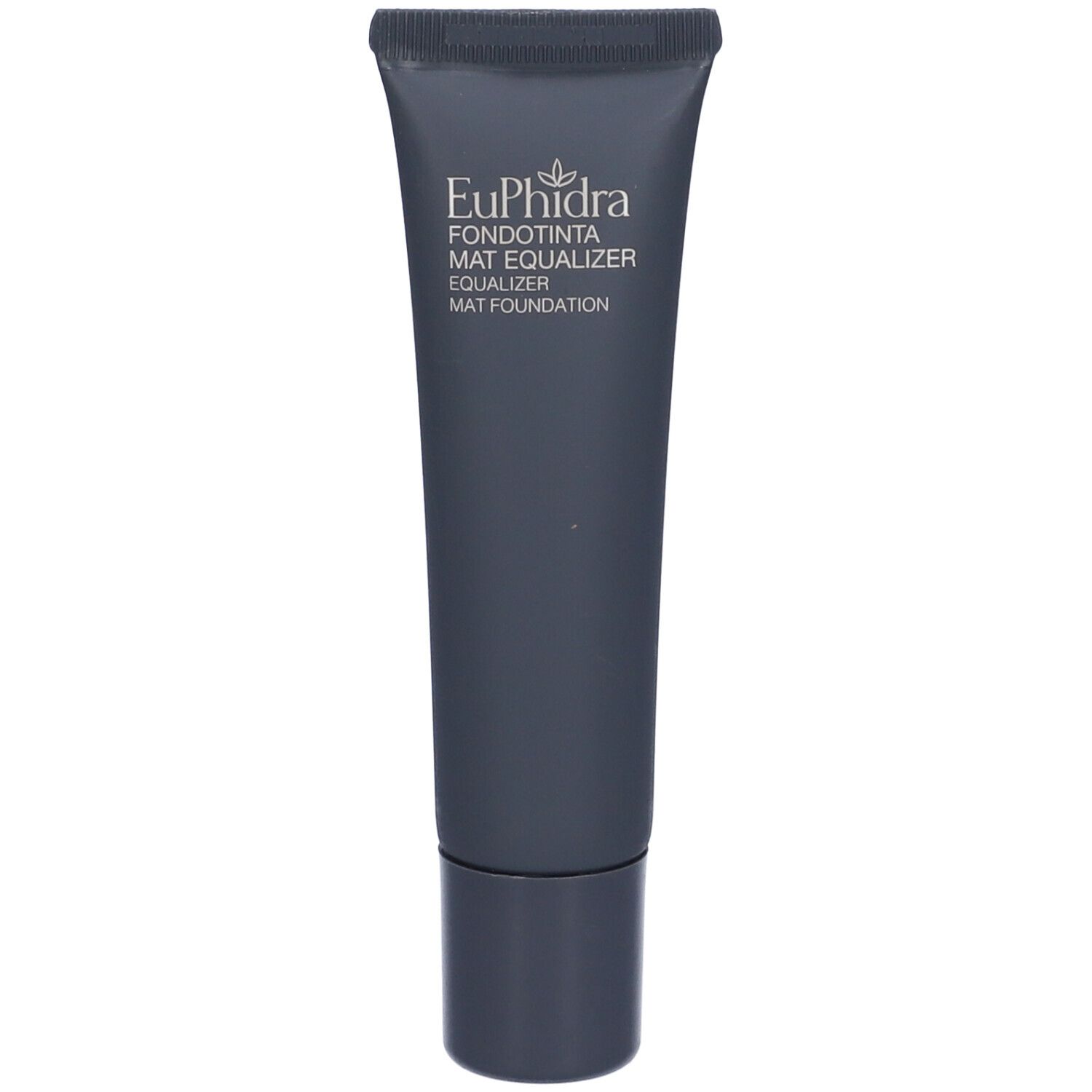 Tubo grigio scuro con testo bianco. Contiene Euphidra Fondotinta Mat Equalizer. Tappo a vite nero.