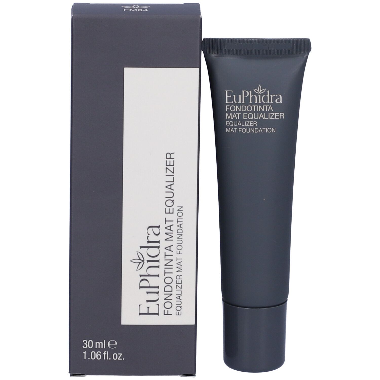 Confezione grigio scuro con tubo. Contiene Euphidra Fondotinta Mat Equalizer. 30 ml. Testo bianco.