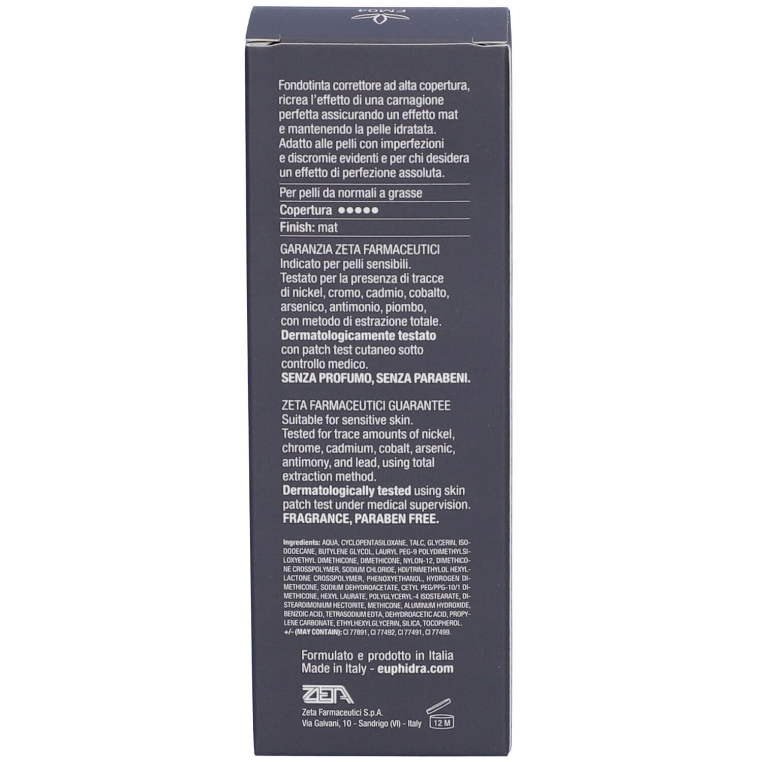 Confezione grigio scuro con testo. Contiene informazioni sul prodotto, ingredienti e certificazioni. Testo bianco.