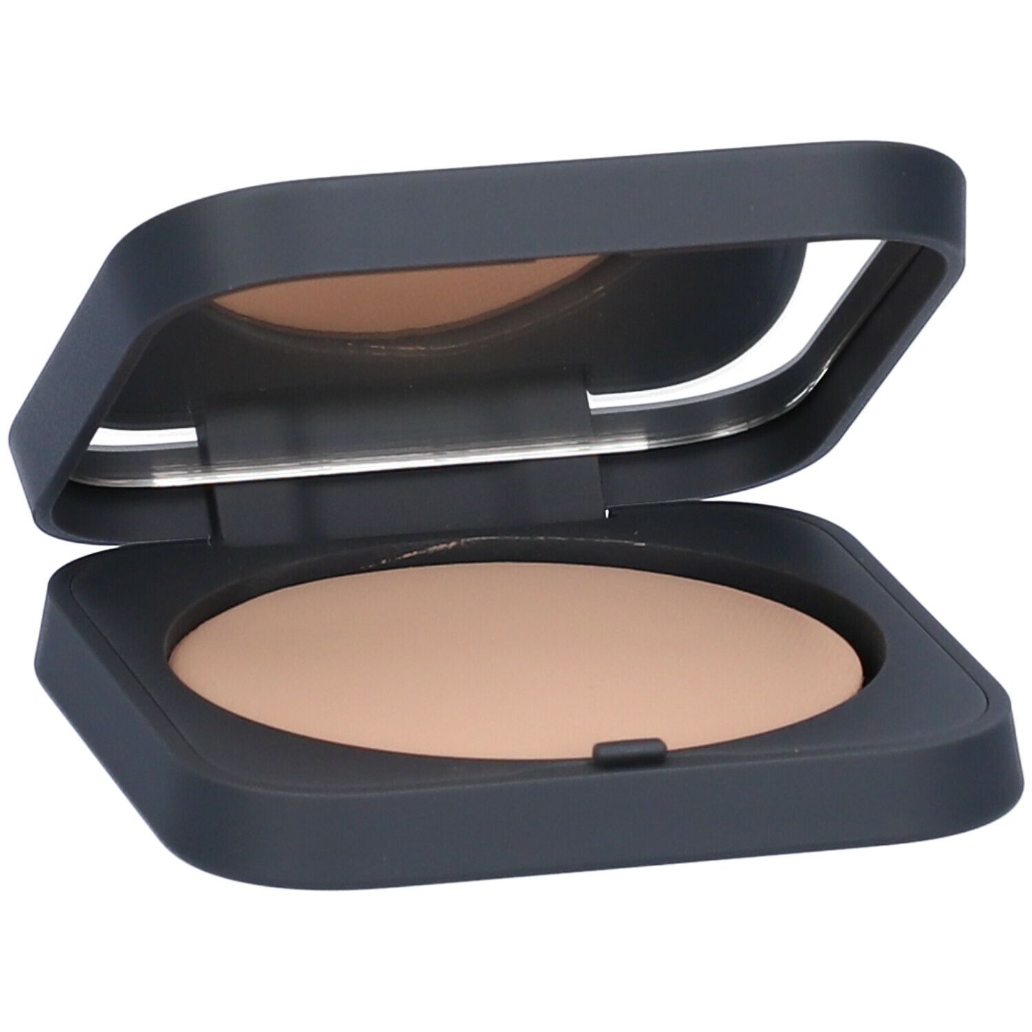 Cipria compatta con specchio. Contenitore blu scuro aperto. Cipria beige. Forma rettangolare.