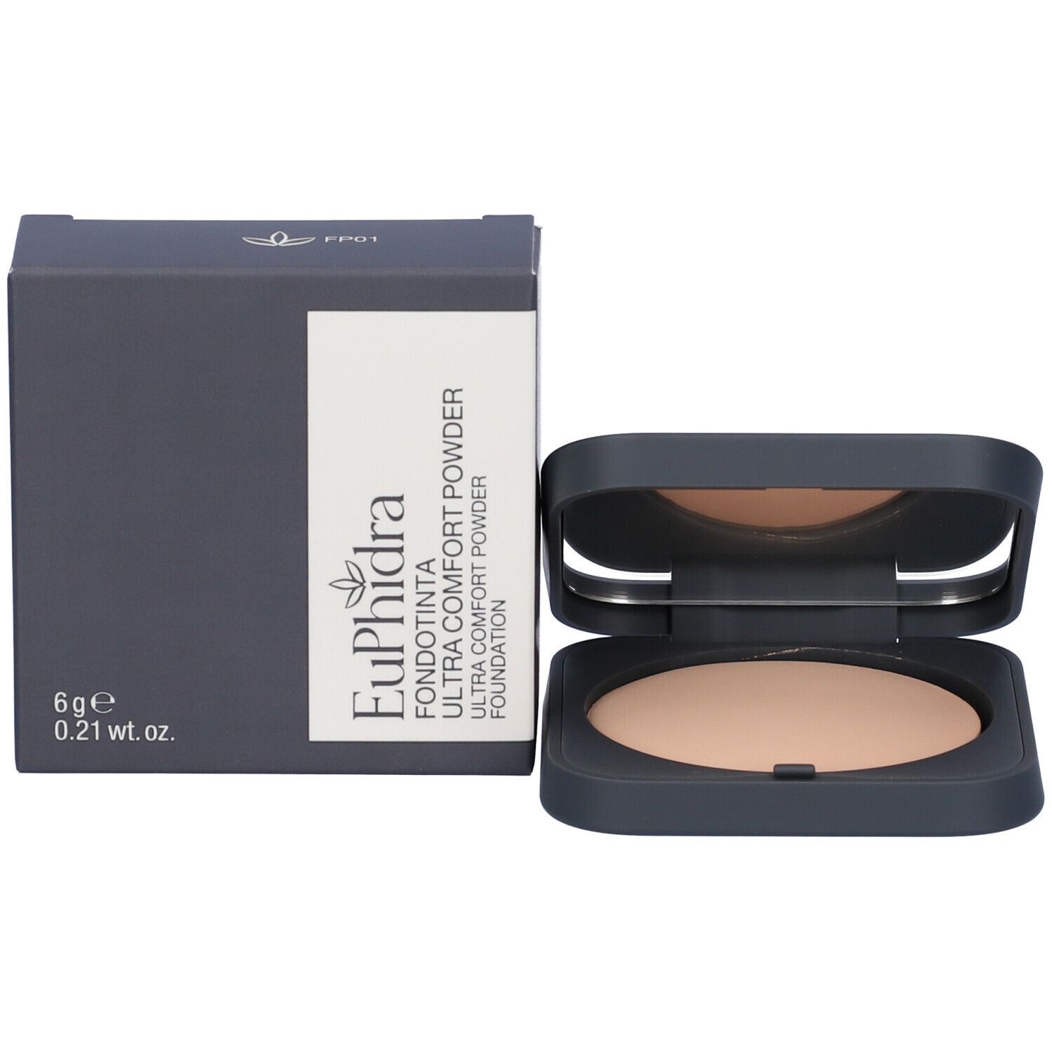 Cipria compatta e confezione. Contenitore e scatola blu scuro. Cipria beige. Testo: Euphidra, Fondotinta.