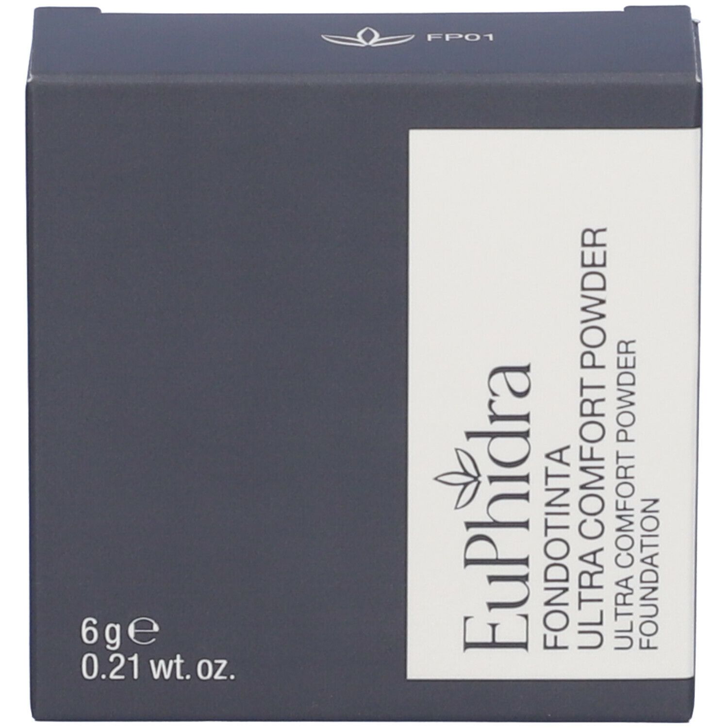 Confezione. Scatola blu scuro. Testo: Euphidra, Fondotinta Ultra Comfort Powder. 6g.