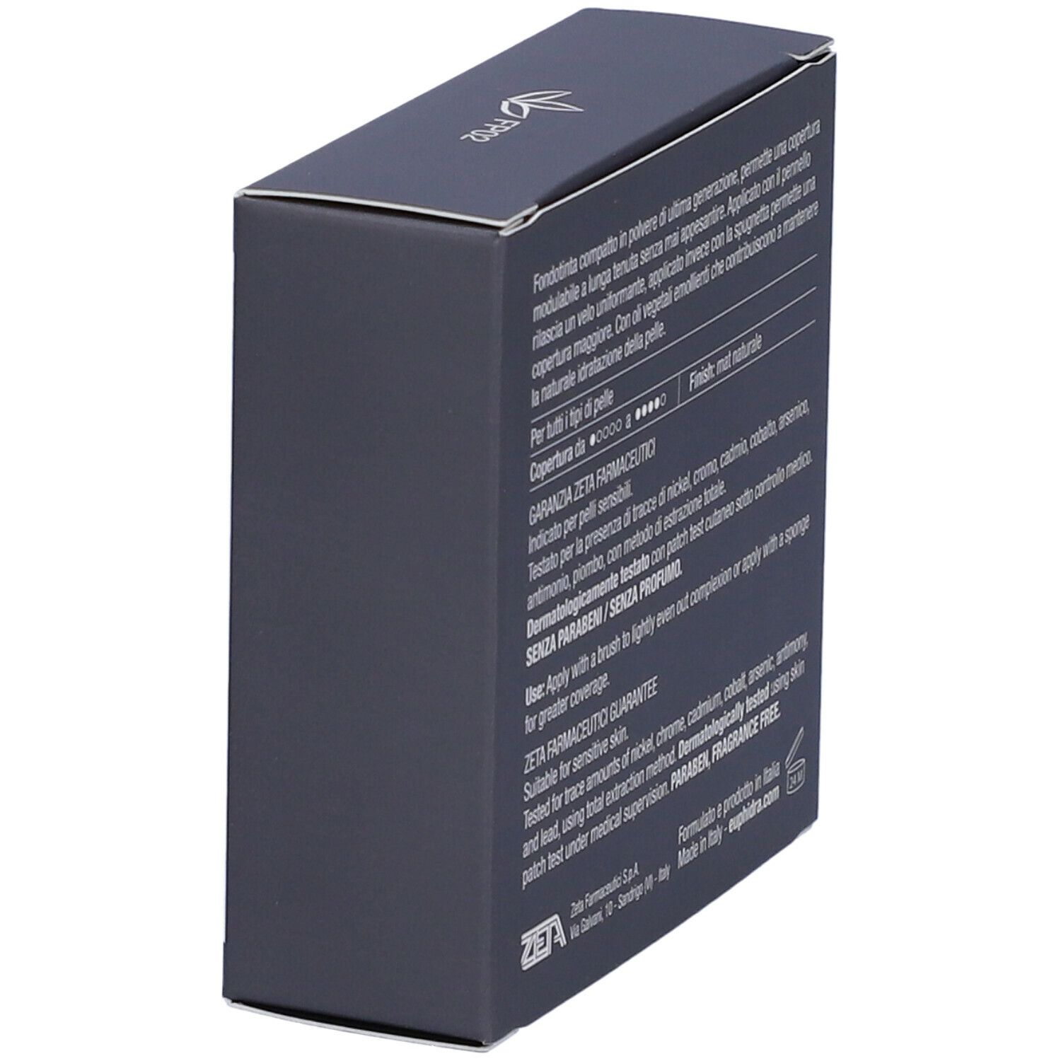 Scatola grigio scuro, vista obliqua. Testo: Fondotinta, Garanzia Zeta Farmaceutici, dermatologicamente testato, senza parabeni, senza profumo.