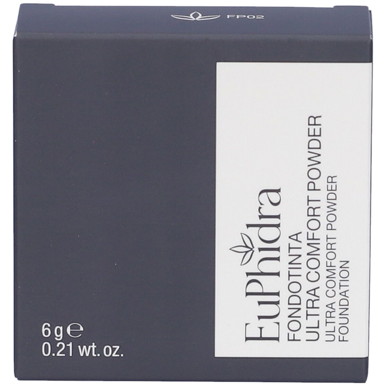 Scatola grigio scuro con etichetta bianca. Scritto: Euphidra Fondotinta Ultra Comfort Powder Foundation. 6g, 0.21 wt. oz.