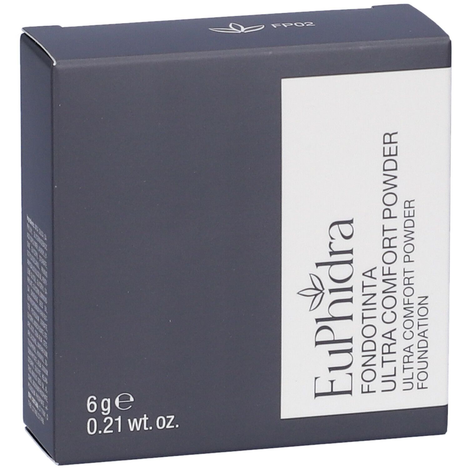 Scatola grigio scuro con etichetta bianca. Scritto: Euphidra Fondotinta Ultra Comfort Powder Foundation. 6g, 0.21 wt. oz.