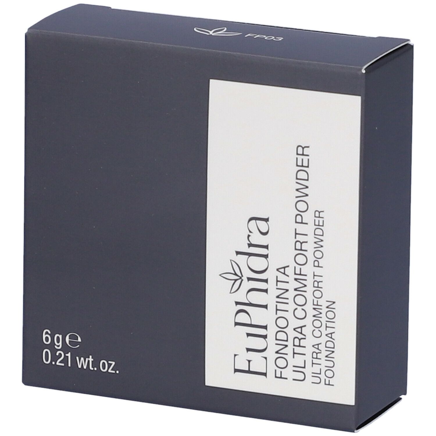 Scatola grigio scuro. Scritto: Euphidra Fondotinta Ultra Comfort Powder FP03. 6 g, 0,21 oz.