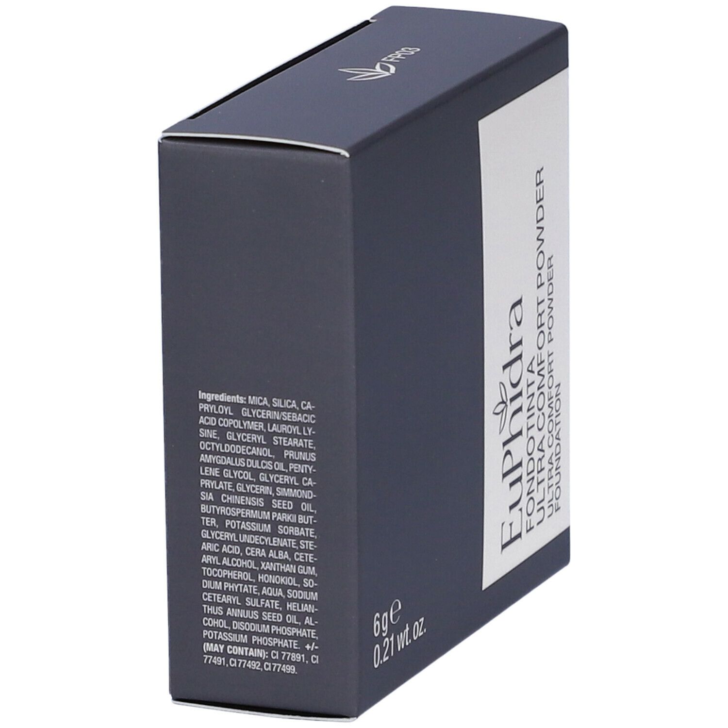 Scatola grigio scuro. Scritto: Euphidra Fondotinta Ultra Comfort Powder. Ingredienti e peso.