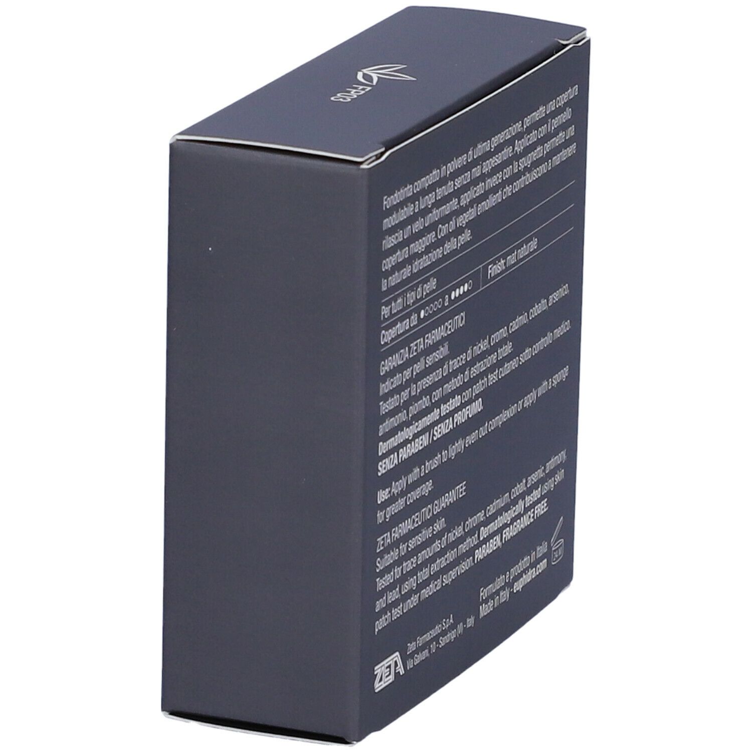 Scatola grigio scuro. Testo sul prodotto, ingredienti, uso e certificazioni. Senza parabeni e profumo.
