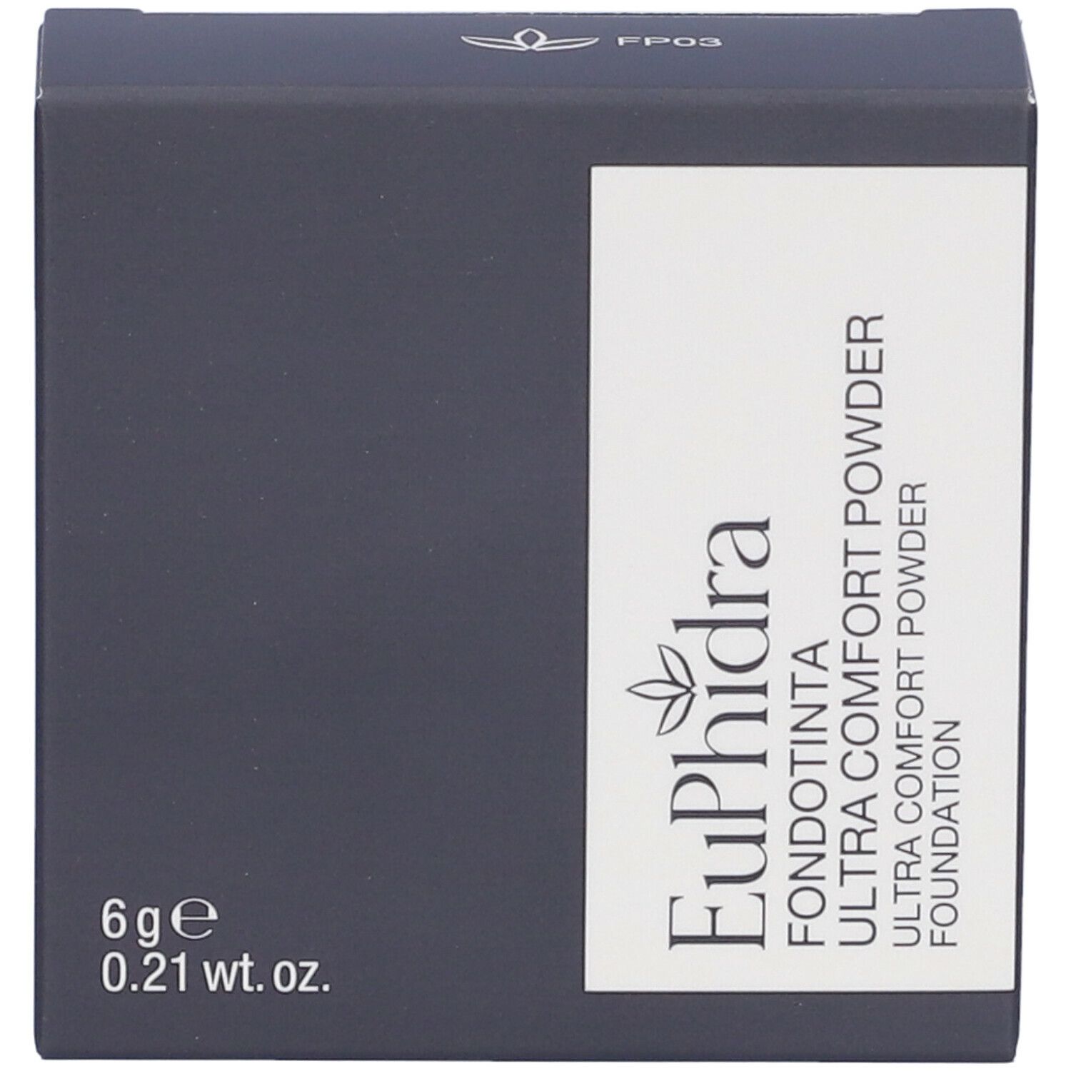 Scatola grigio scuro. Scritto: Euphidra Fondotinta Ultra Comfort Powder FP03. 6 g, 0,21 oz.