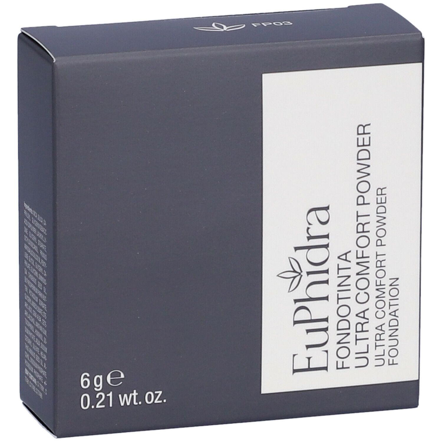 Scatola grigio scuro. Scritto: Euphidra Fondotinta Ultra Comfort Powder FP03. 6 g, 0,21 oz.