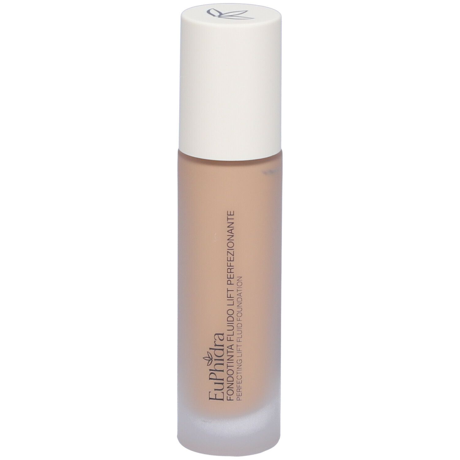 Fondotinta fluido beige in flacone cilindrico di vetro con tappo bianco. Scritta: Euphidra Fondotinta Fluido Lift Perfezionante.