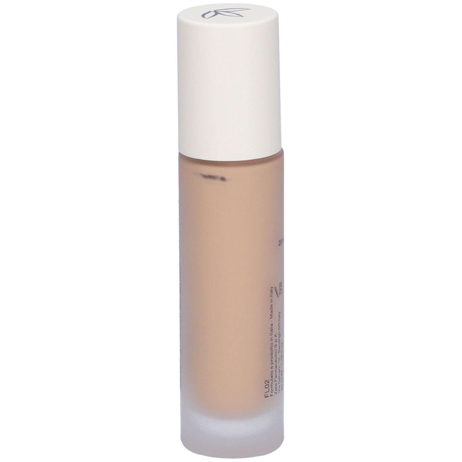 Fondotinta fluido beige in flacone cilindrico di vetro con tappo bianco. Scritta e dettagli di produzione sul retro.