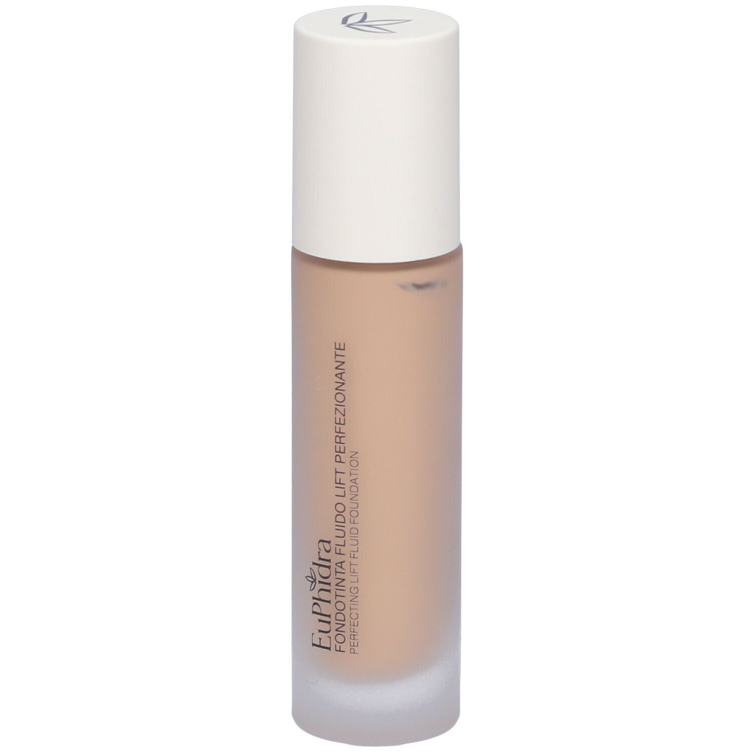 Fondotinta fluido beige in flacone cilindrico di vetro con tappo bianco. Scritta: Euphidra Fondotinta Fluido Lift Perfezionante.