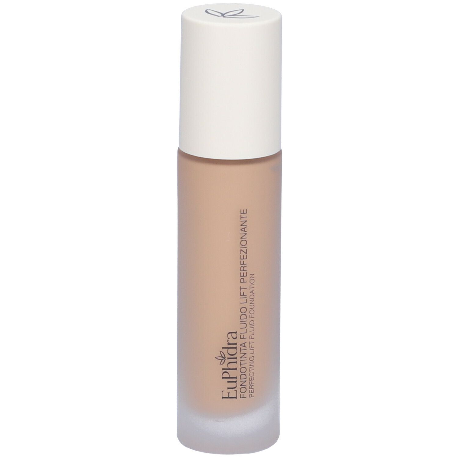 Fondotinta fluido beige in flacone cilindrico di vetro con tappo bianco. Scritta: Euphidra Fondotinta Fluido Lift Perfezionante.