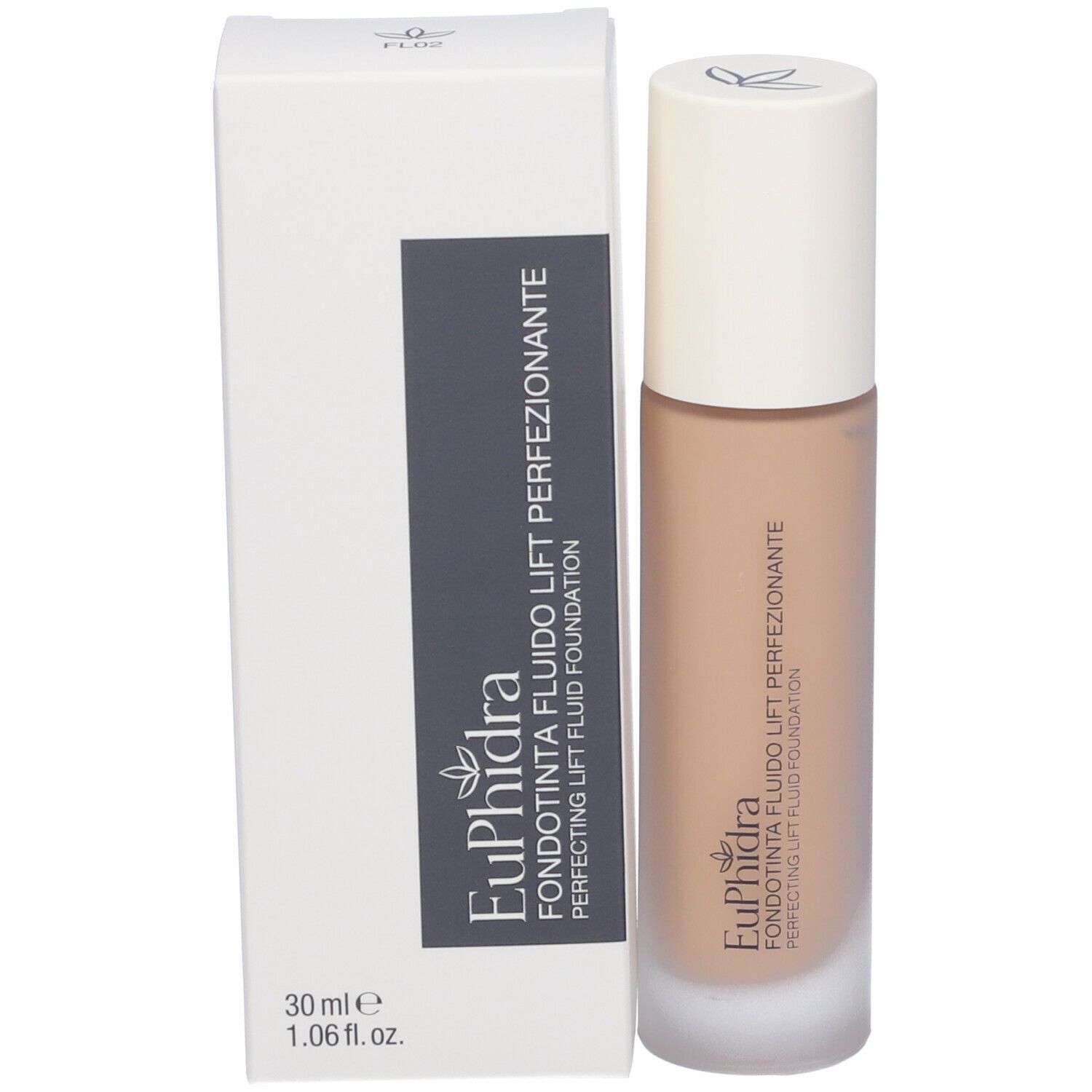 Flacone di fondotinta accanto alla confezione bianca. Scritta: Euphidra Fondotinta Fluido Lift Perfezionante. 30 ml.