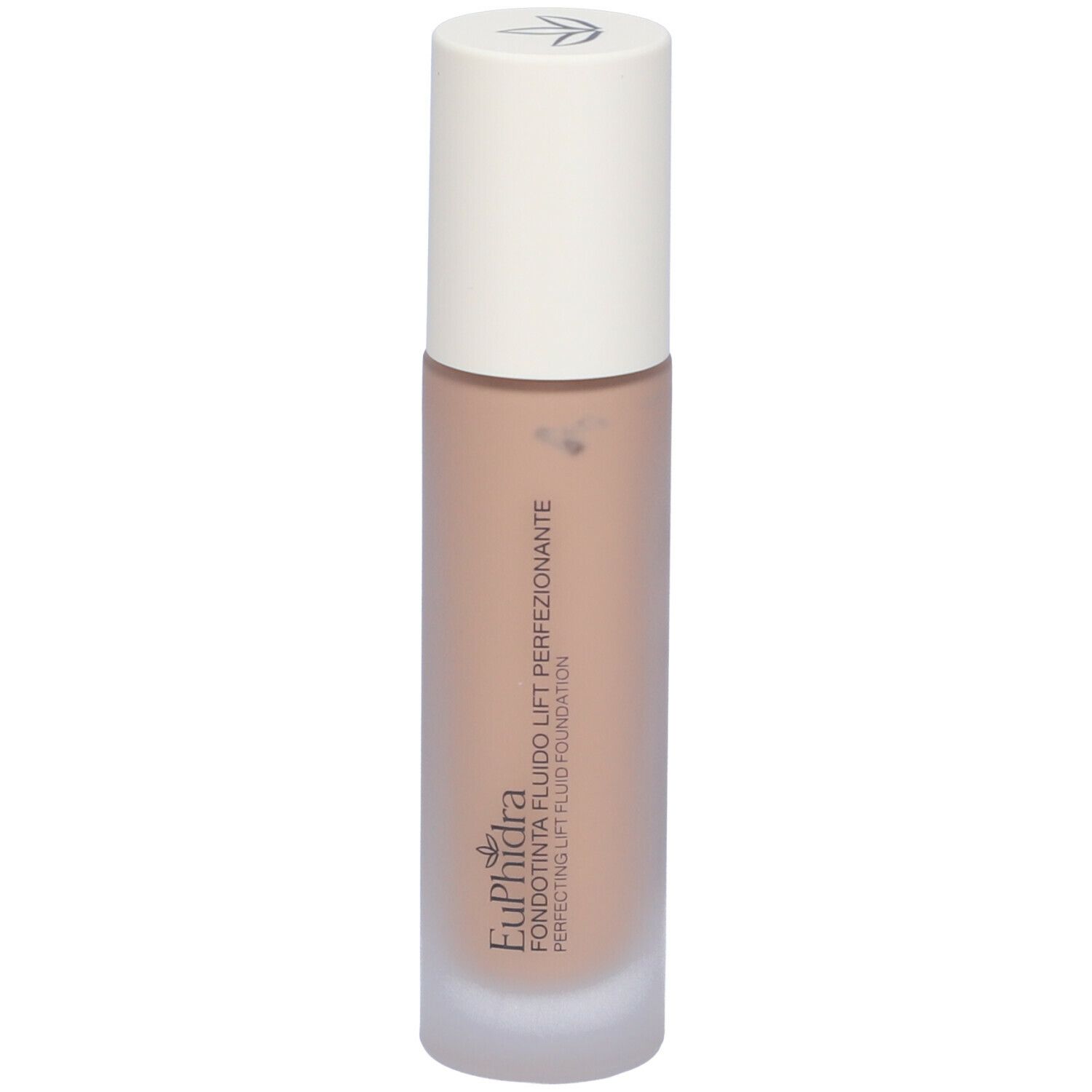 Fondotinta fluido beige in flacone di vetro con tappo bianco. Scritta: Euphidra, Fondotinta Fluido Lift Perf.