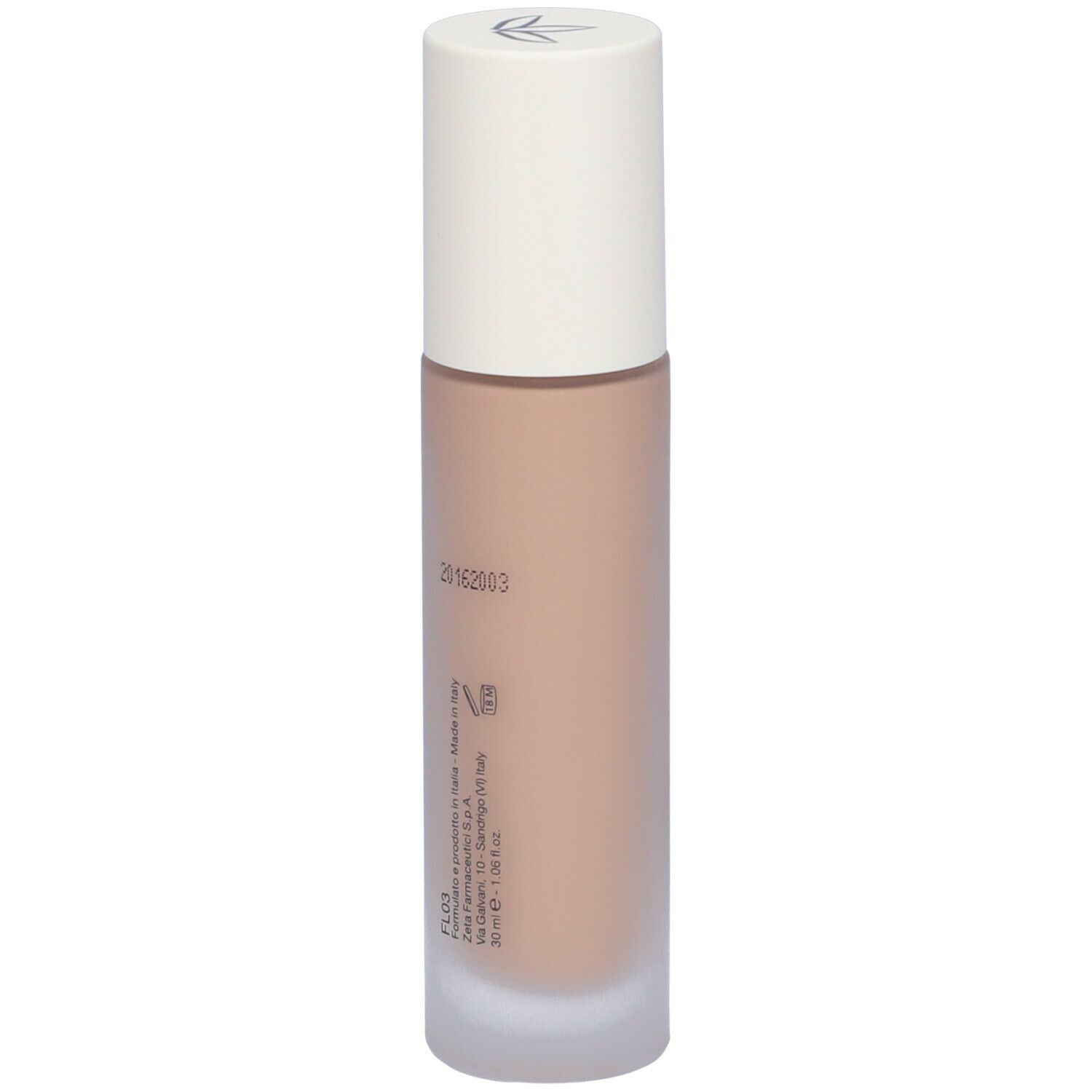 Fondotinta fluido beige in flacone di vetro con tappo bianco. Scritta: Euphidra, Fondotinta Fluido Lift Perf.