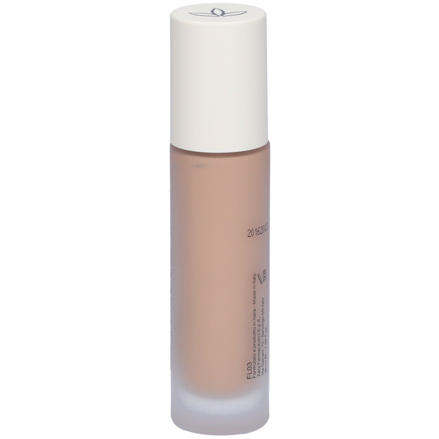 Fondotinta fluido beige in flacone di vetro con tappo bianco. Scritta: Euphidra, Fondotinta Fluido Lift Perf.