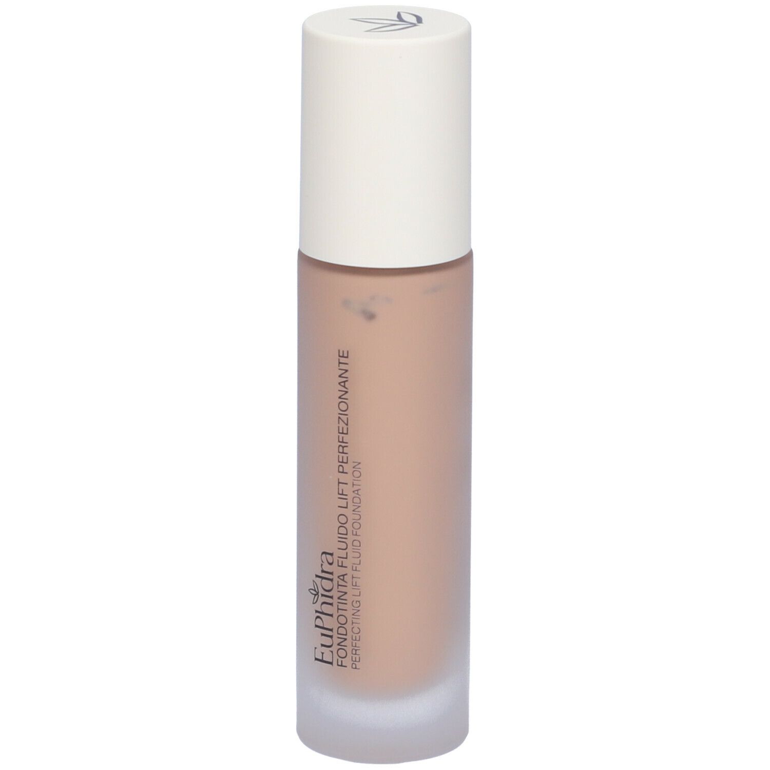 Fondotinta fluido beige in flacone di vetro con tappo bianco. Scritta: Euphidra, Fondotinta Fluido Lift Perf.