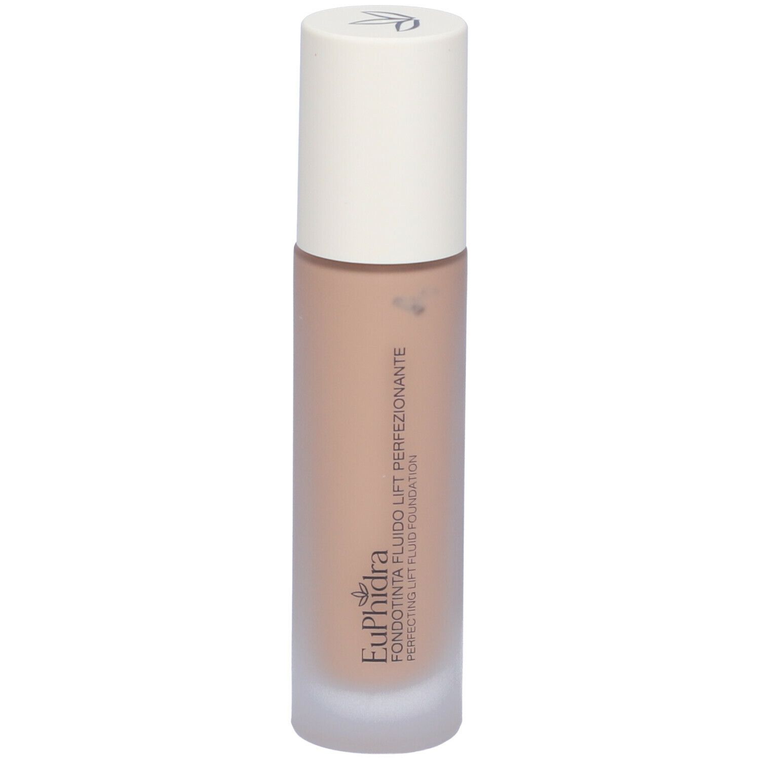 Fondotinta fluido beige in flacone di vetro con tappo bianco. Scritta: Euphidra, Fondotinta Fluido Lift Perf.
