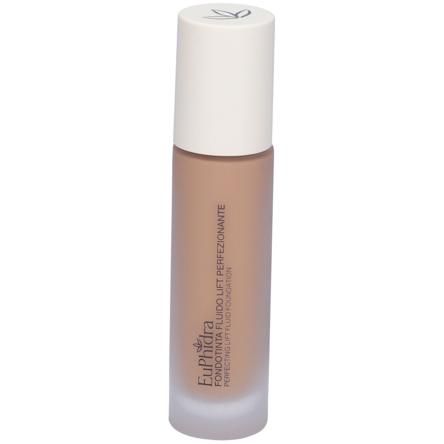 Fondotinta fluido beige in flacone cilindrico con tappo bianco. Scritta: Euphidra Fondotinta Fluido Lift Perfezionante.