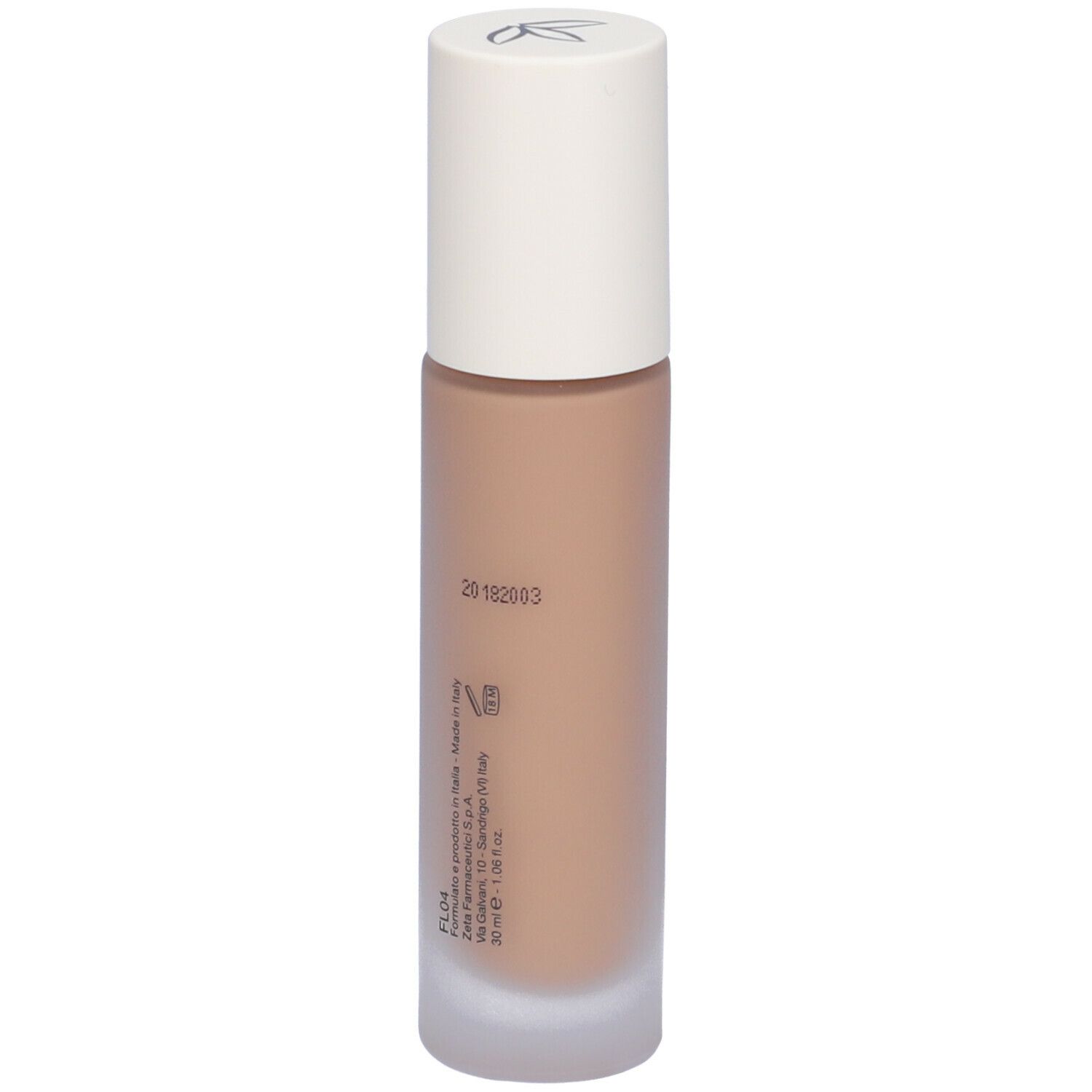 Flacone cilindrico con fondotinta liquido beige e tappo bianco. Scritta: Euphidra. Testo sul retro.