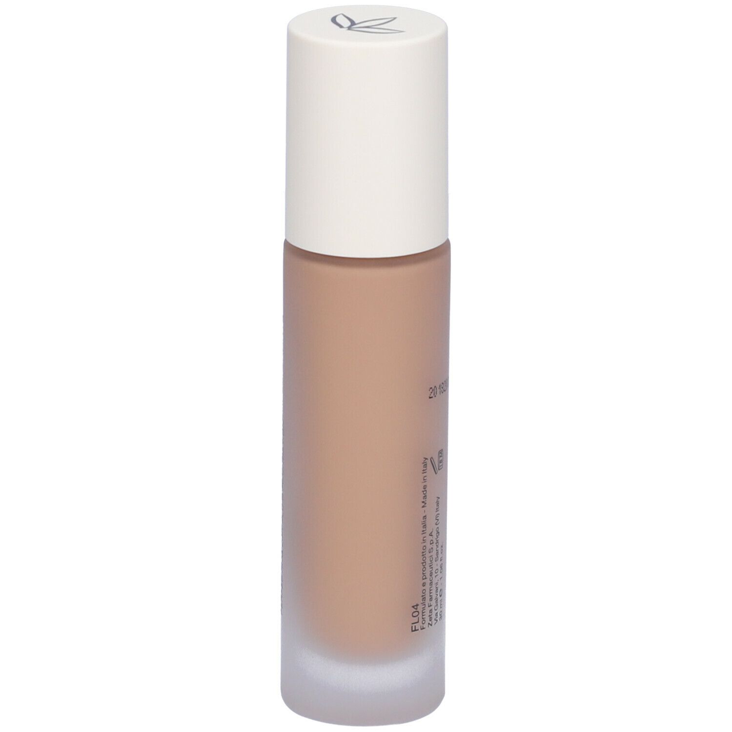 Flacone cilindrico con fondotinta liquido beige e tappo bianco. Scritta: Euphidra. FL04.