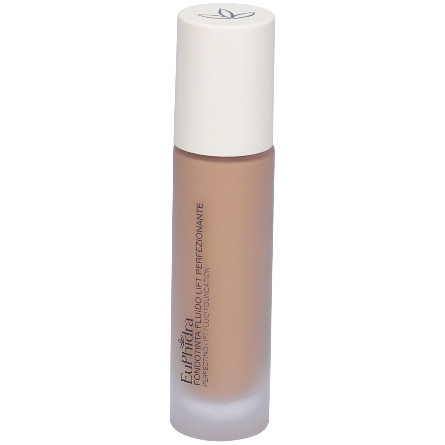Flacone cilindrico con fondotinta liquido beige e tappo bianco. Scritta: Euphidra Fondotinta Fluido Lift Perfezionante.