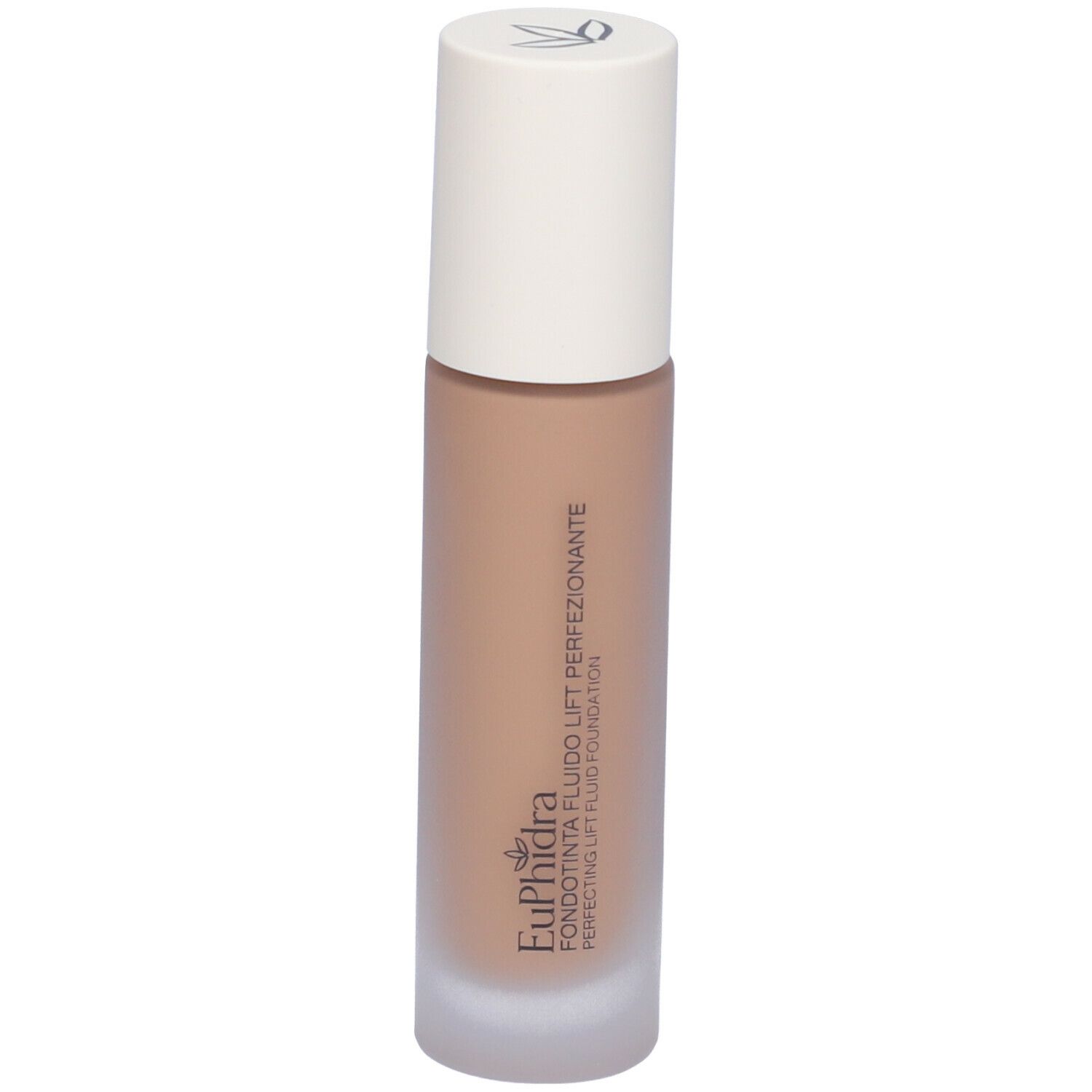 Flacone cilindrico con fondotinta liquido beige e tappo bianco. Scritta: Euphidra Fondotinta Fluido Lift Perfezionante.