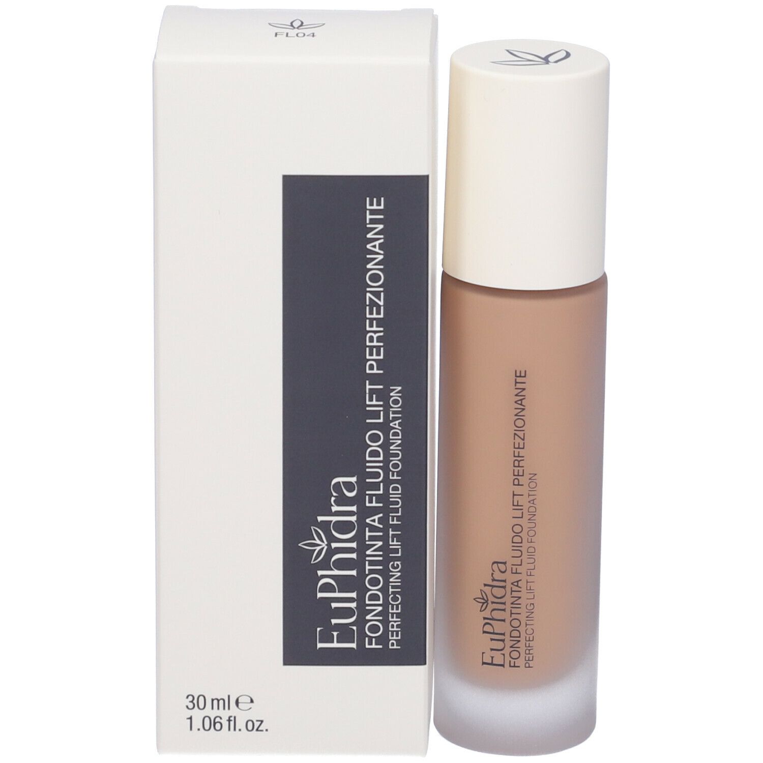 Flacone di fondotinta e confezione. Scritta: Euphidra Fondotinta Fluido Lift Perfezionante. 30 ml.
