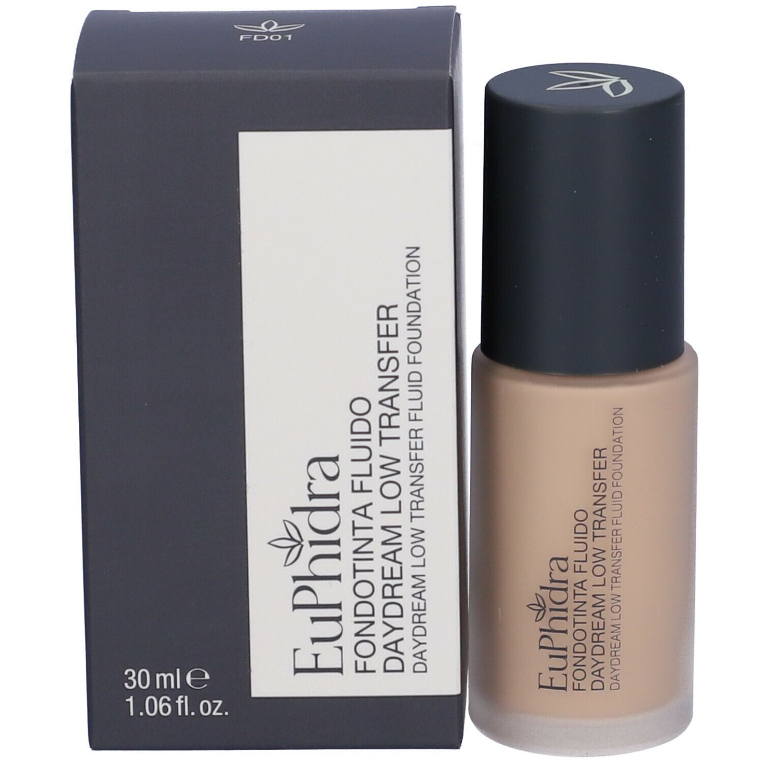 Fondotinta e confezione. Scritta: Euphidra Fondotinta Fluido Daydream Low Transfer. 30 ml.