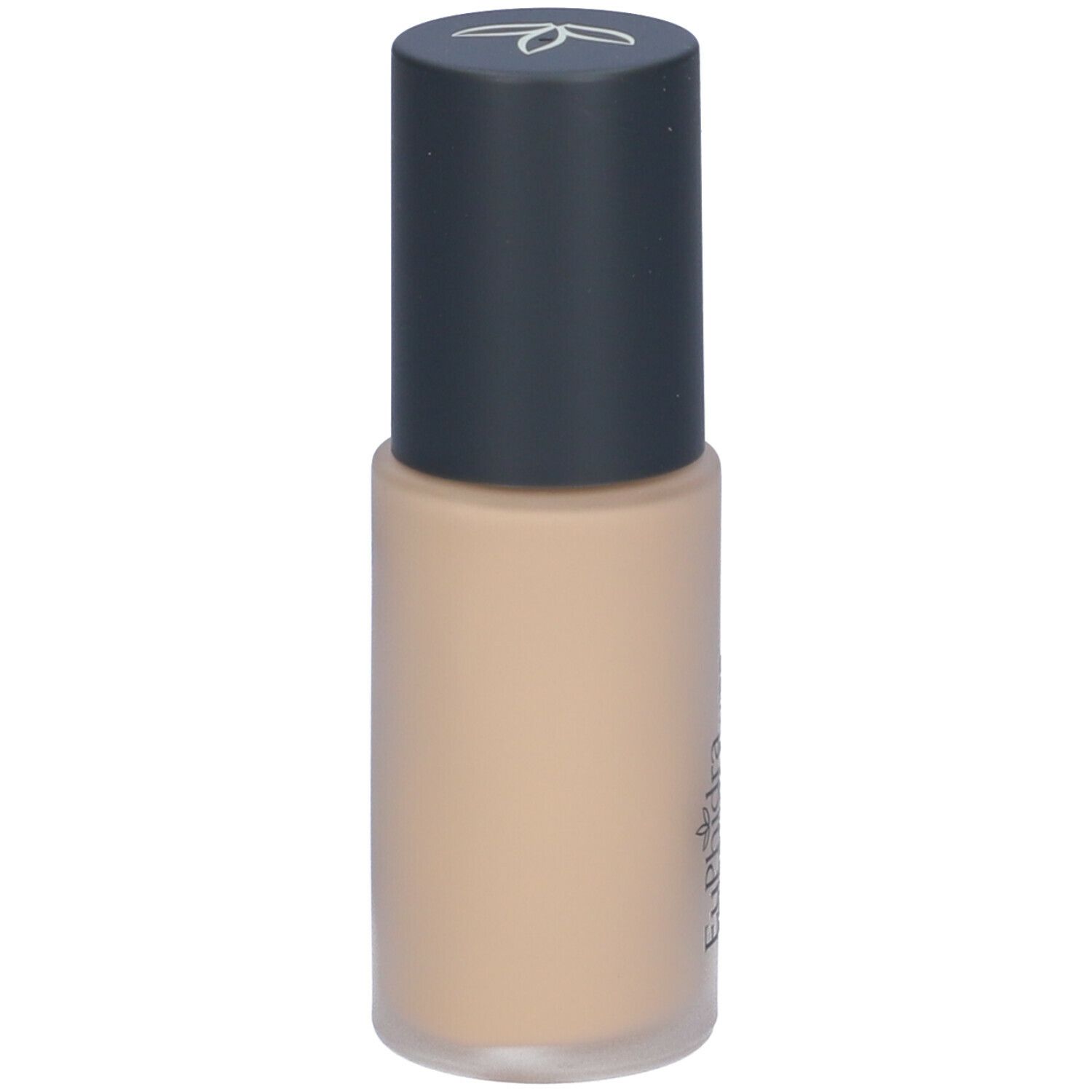 Fondotinta fluido beige in flacone cilindrico con tappo scuro. Scritta illeggibile.